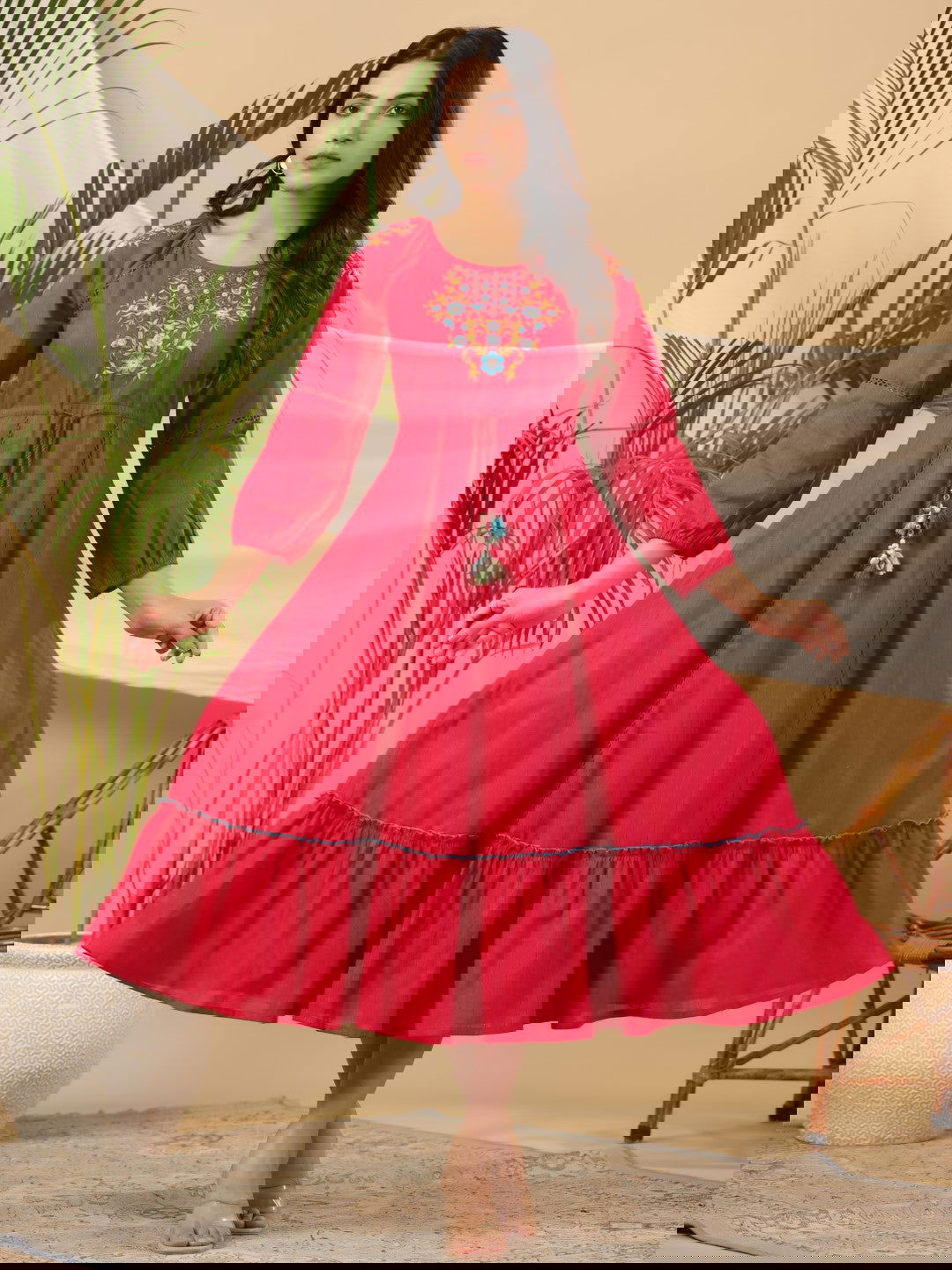 Juniper Fuchsia Floral Embroidered Cotton Dobby Tiered Maxi Dress With Kaudis & Colourful Tassels