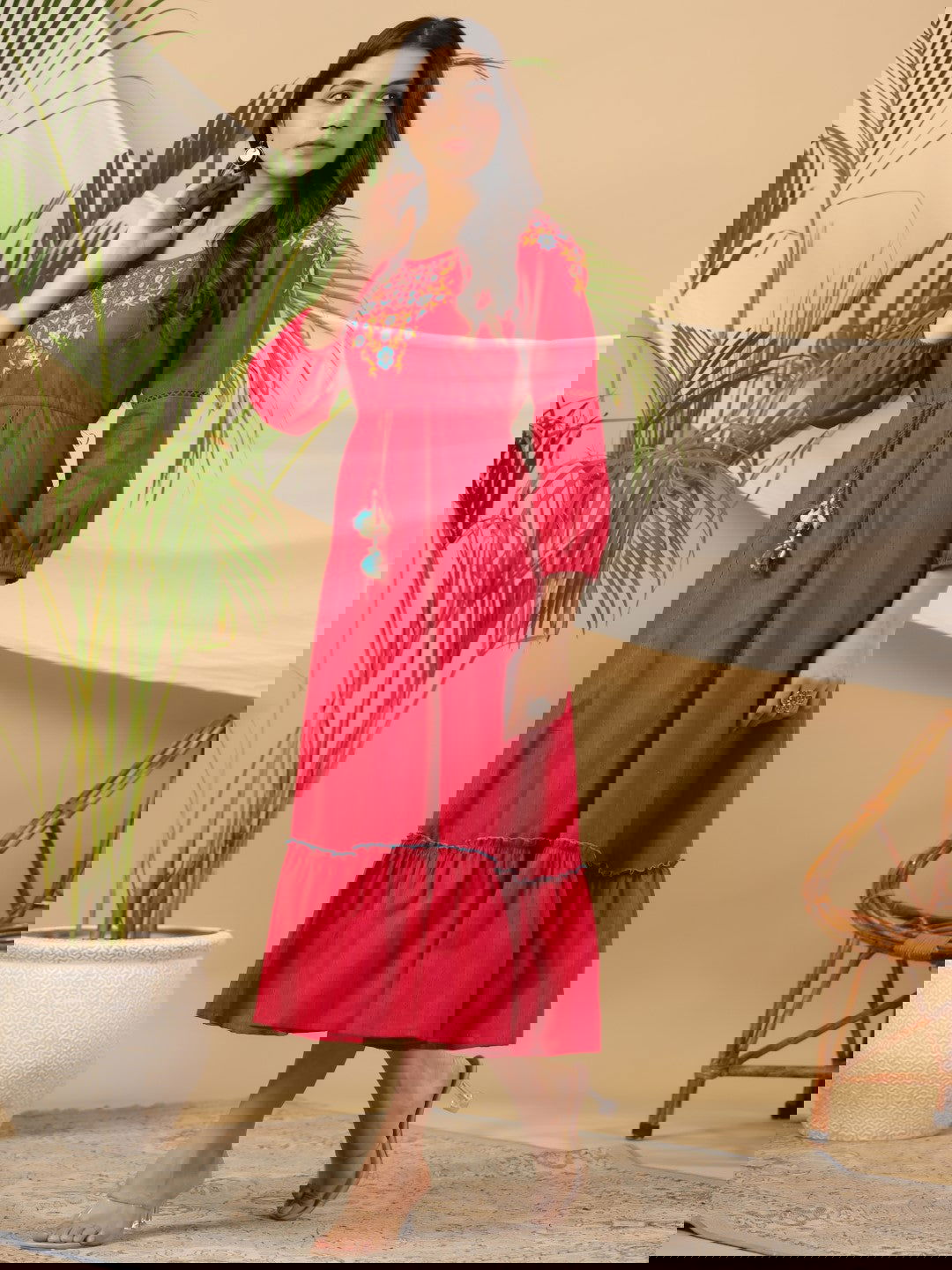 Juniper Fuchsia Floral Embroidered Cotton Dobby Tiered Maxi Dress With Kaudis & Colourful Tassels