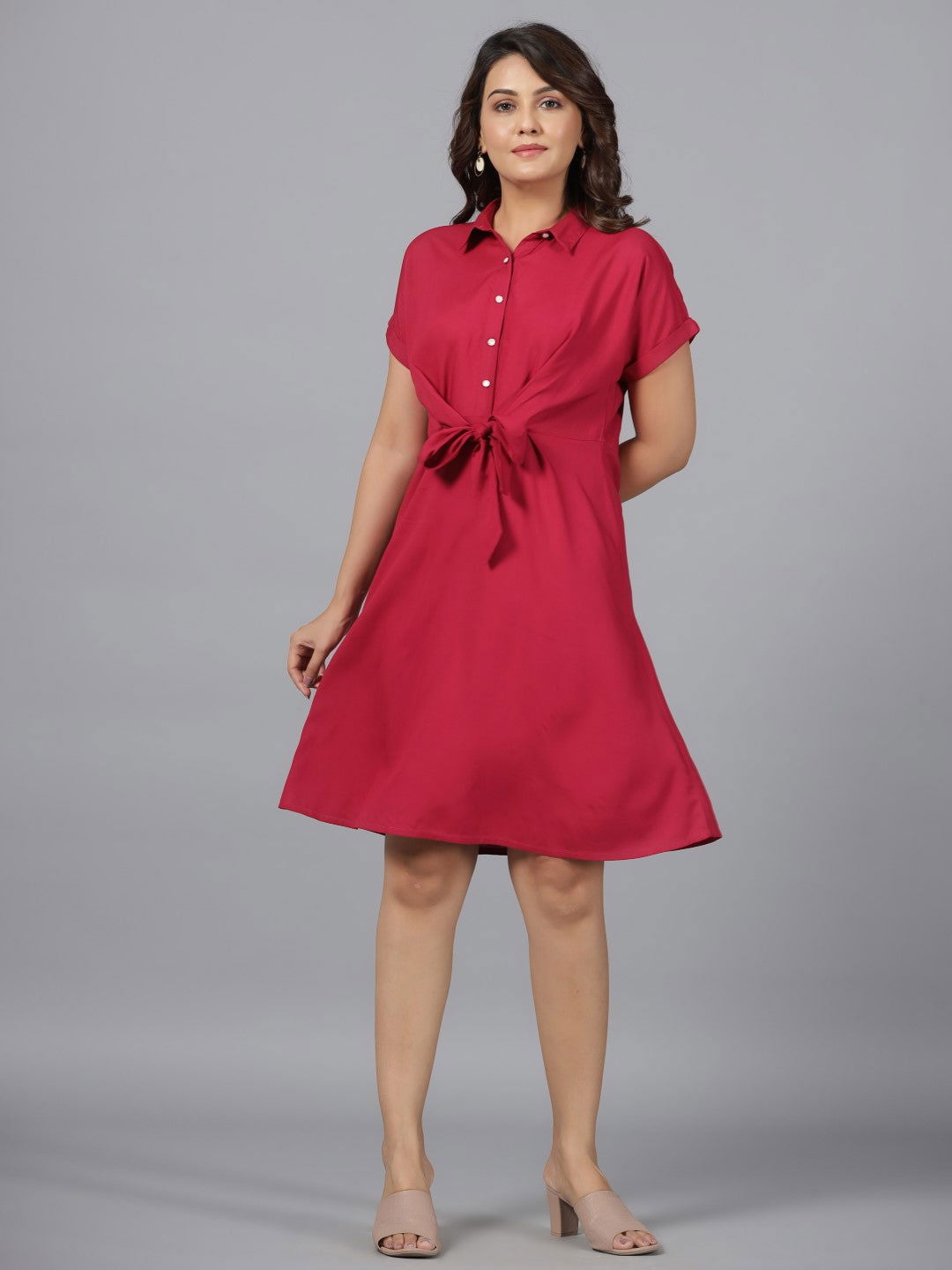 Juniper Fuchsia Solid Rayon A-Line Short Fusion Dress With Front Tie-Up
