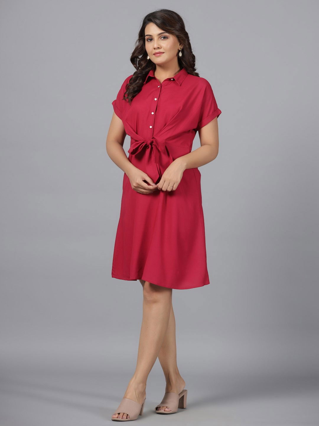 Juniper Fuchsia Solid Rayon A-Line Short Fusion Dress With Front Tie-Up