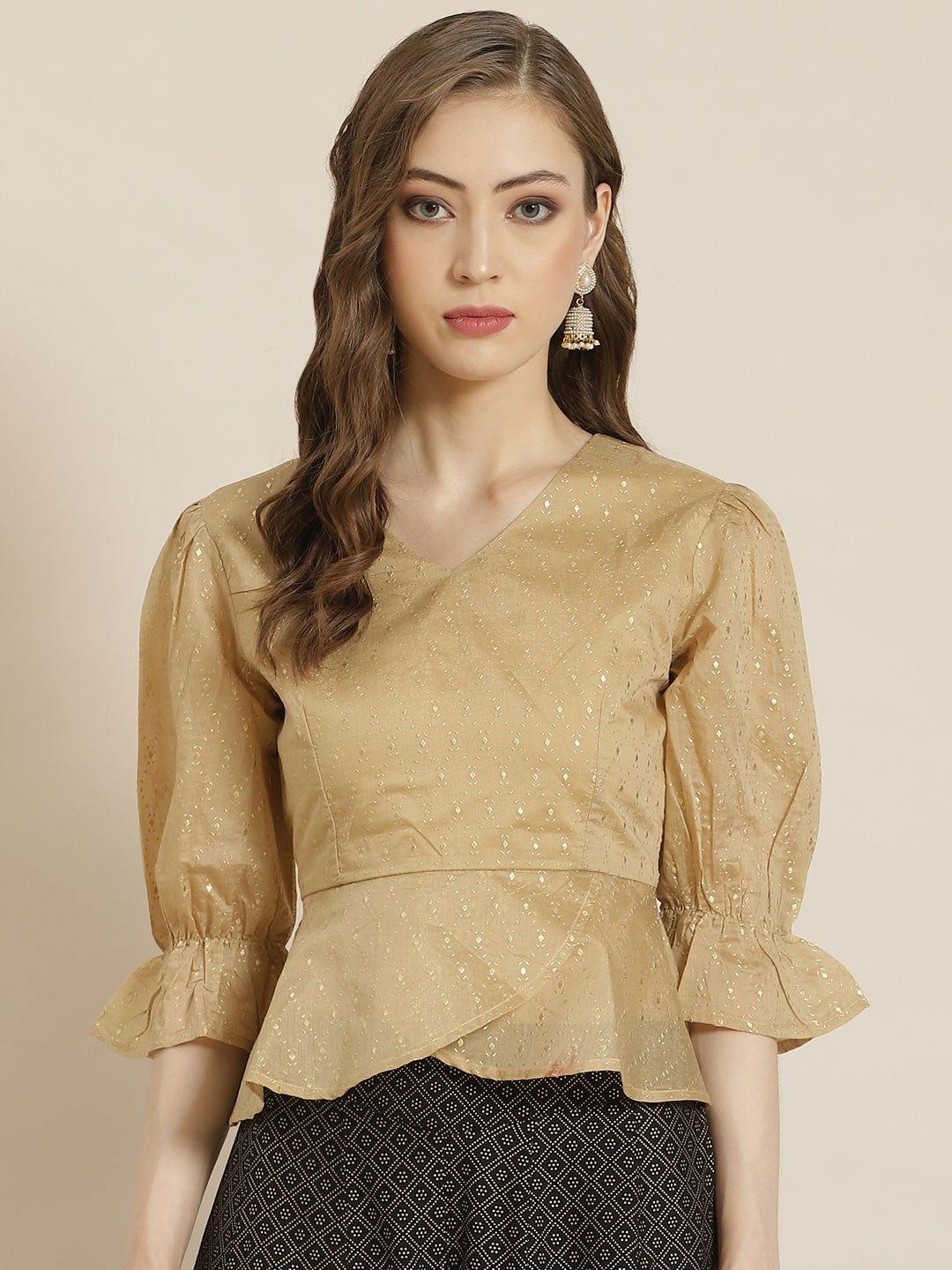Juniper Gold Chanderi Emboss Print Peplum Blouse