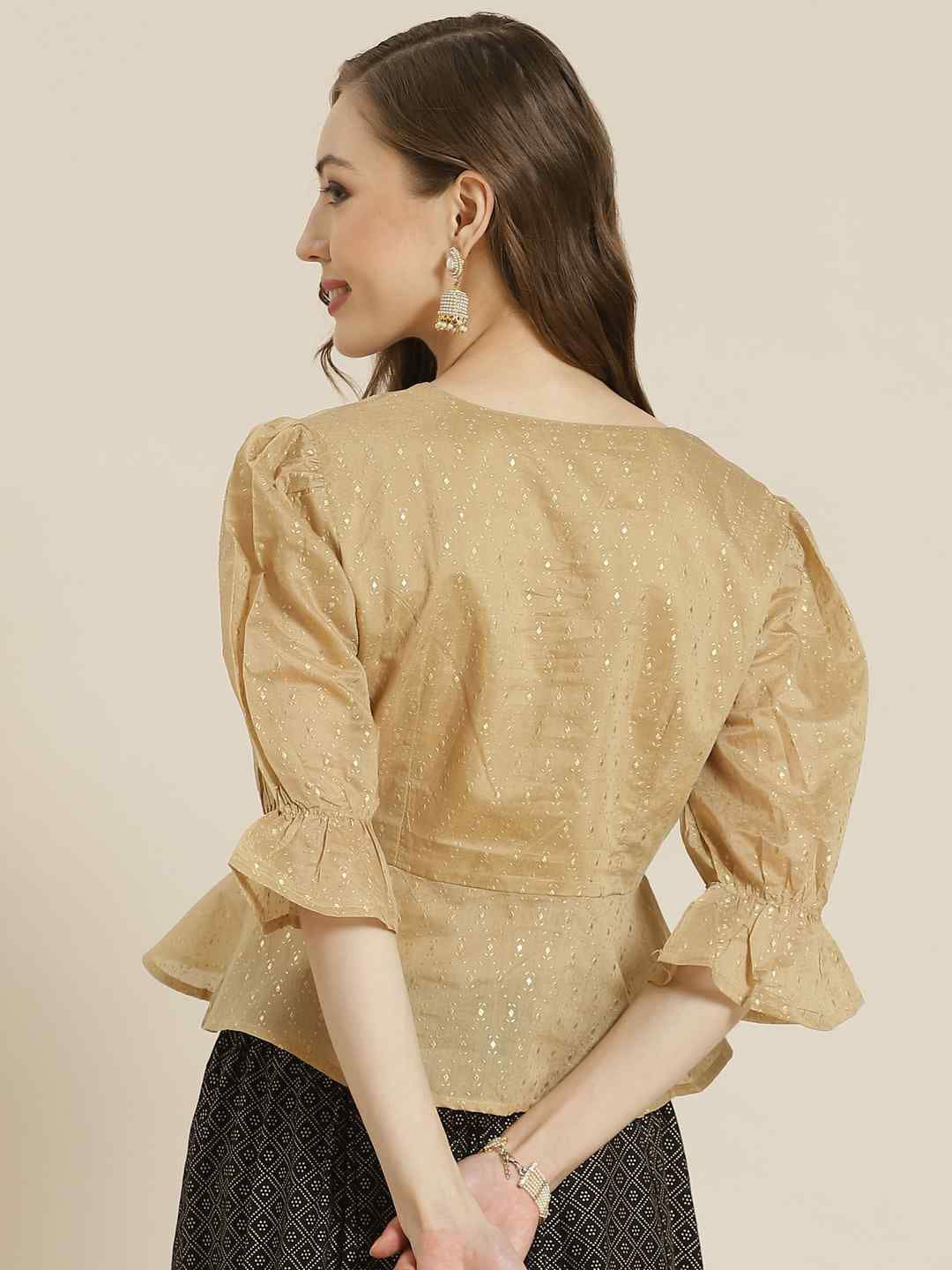 Juniper Gold Chanderi Emboss Print Peplum Blouse
