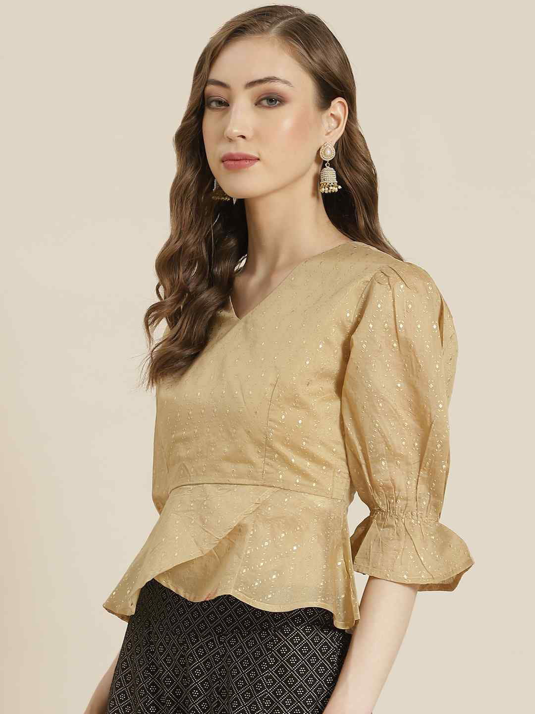 Juniper Gold Chanderi Emboss Print Peplum Blouse