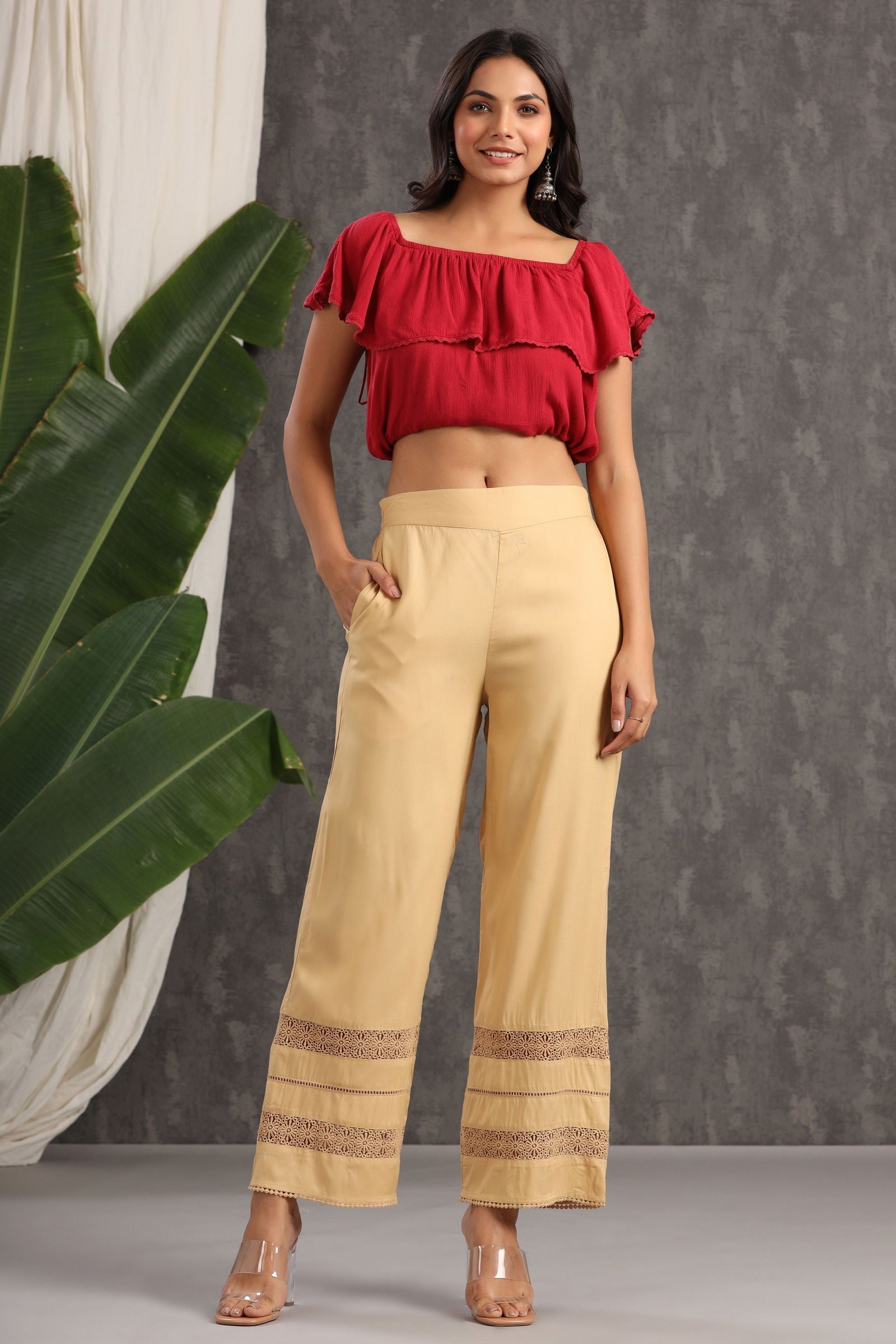 Juniper Gold LIVA Rayon Solid Flared Palazzo with Lacework