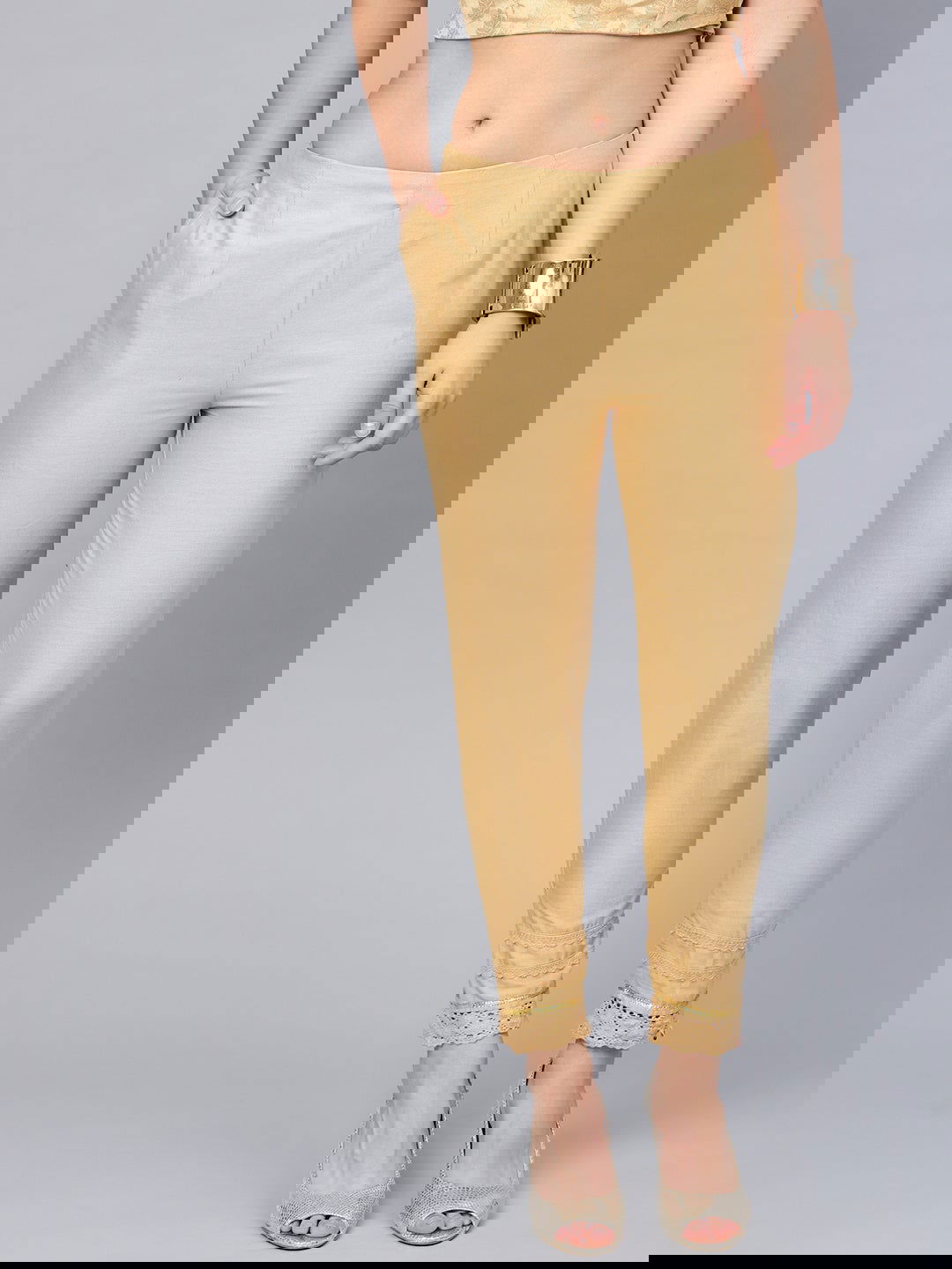 Juniper Gold Solid Cotton Flex Slim Fit Women Pants With One Pocket