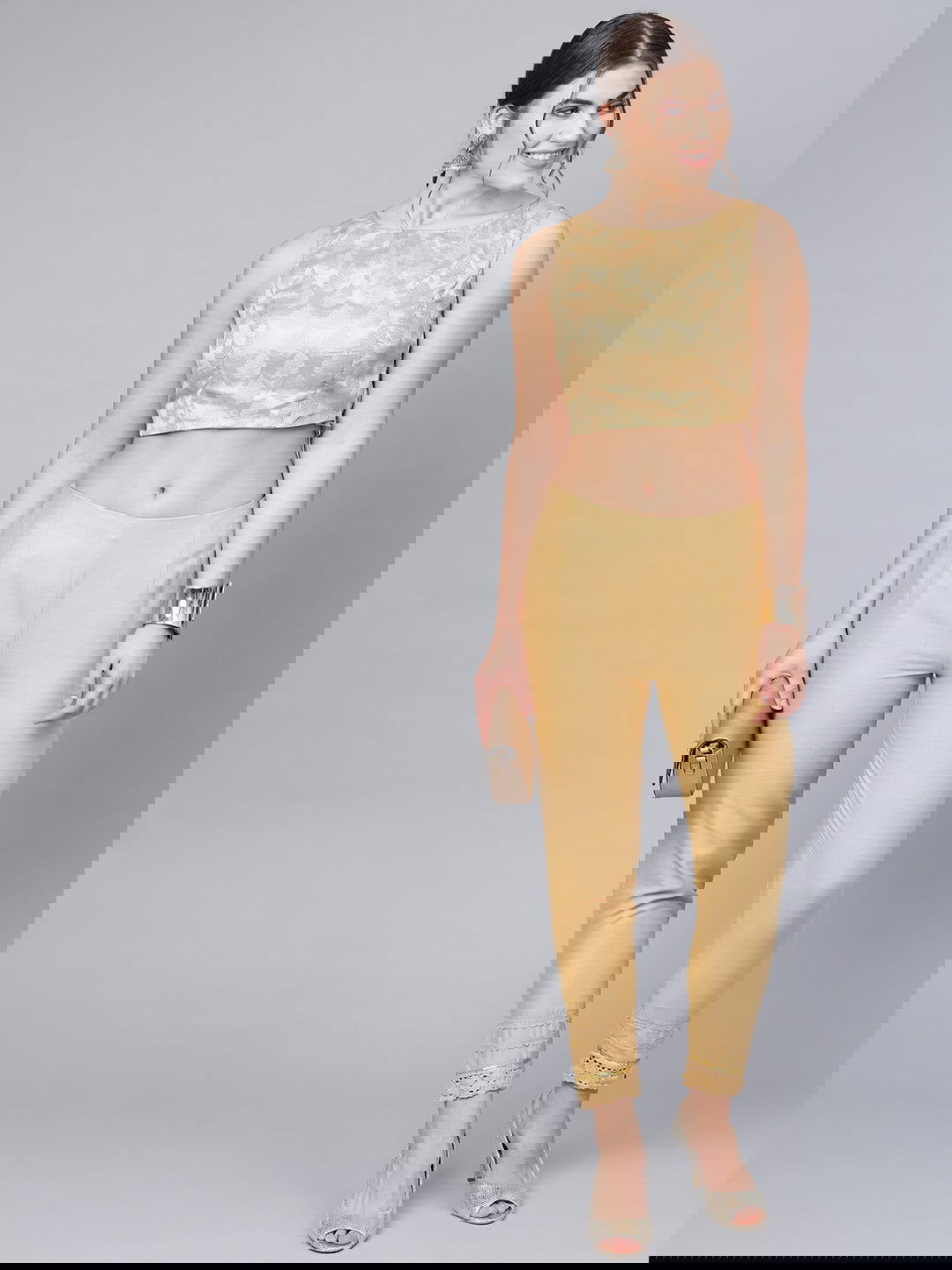 Juniper Gold Solid Cotton Flex Slim Fit Women Pants With One Pocket