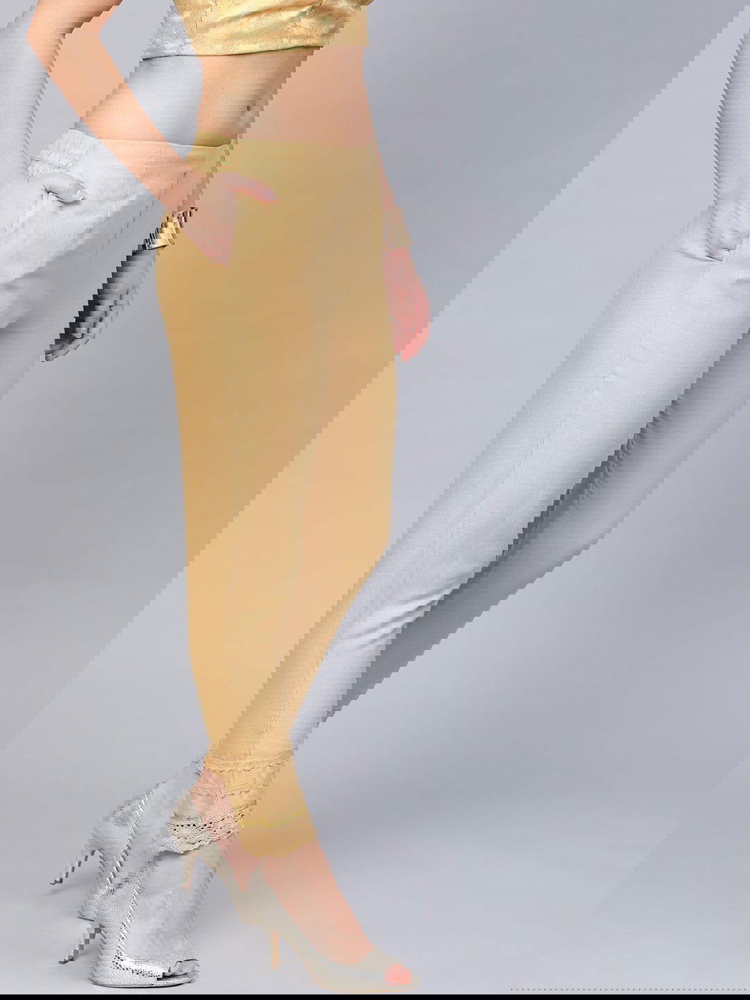 Juniper Gold Solid Cotton Flex Slim Fit Women Pants With One Pocket