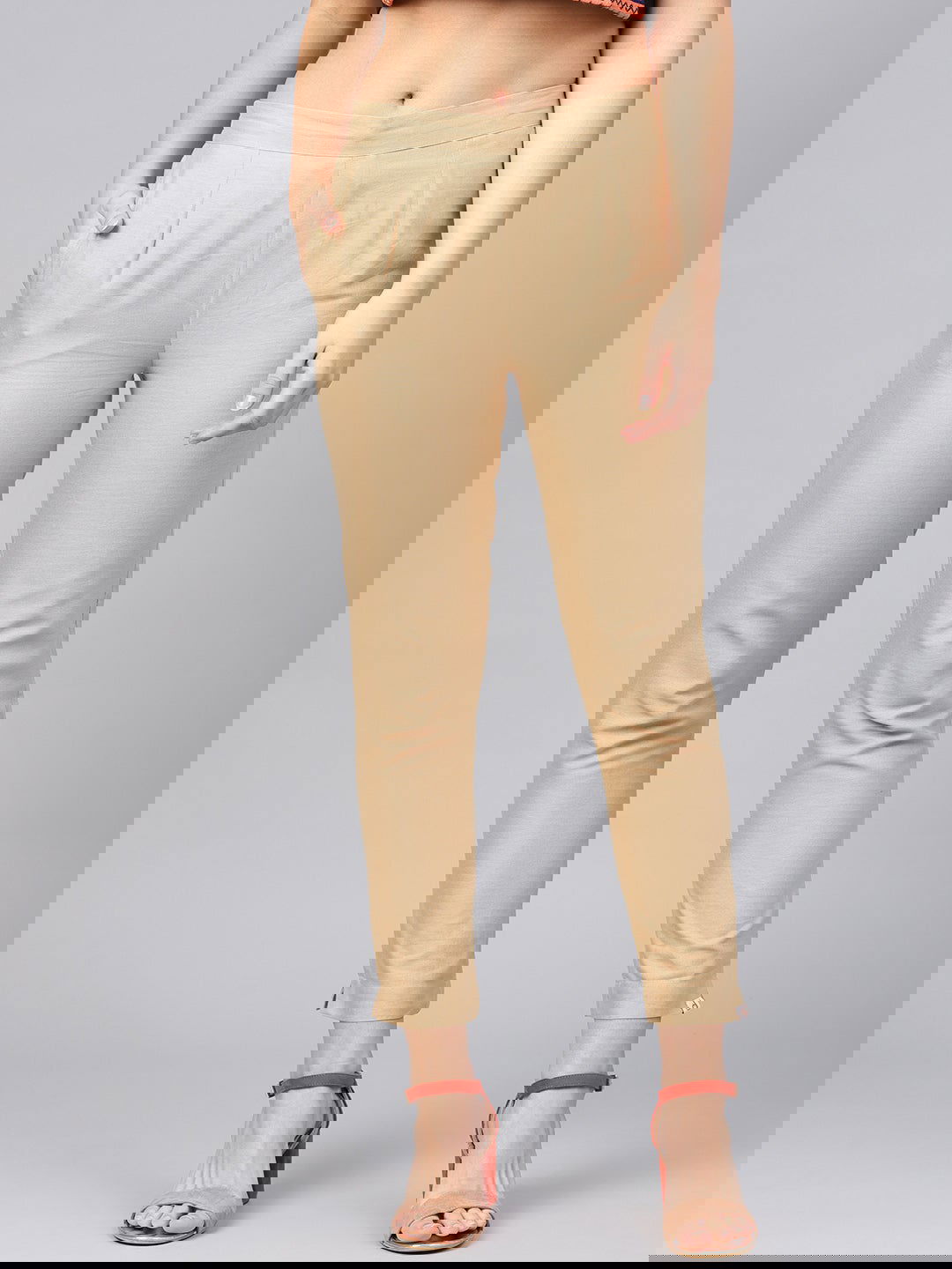 Juniper Gold Solid Cotton Flex Slim Fit Women Pants With Two Pockets