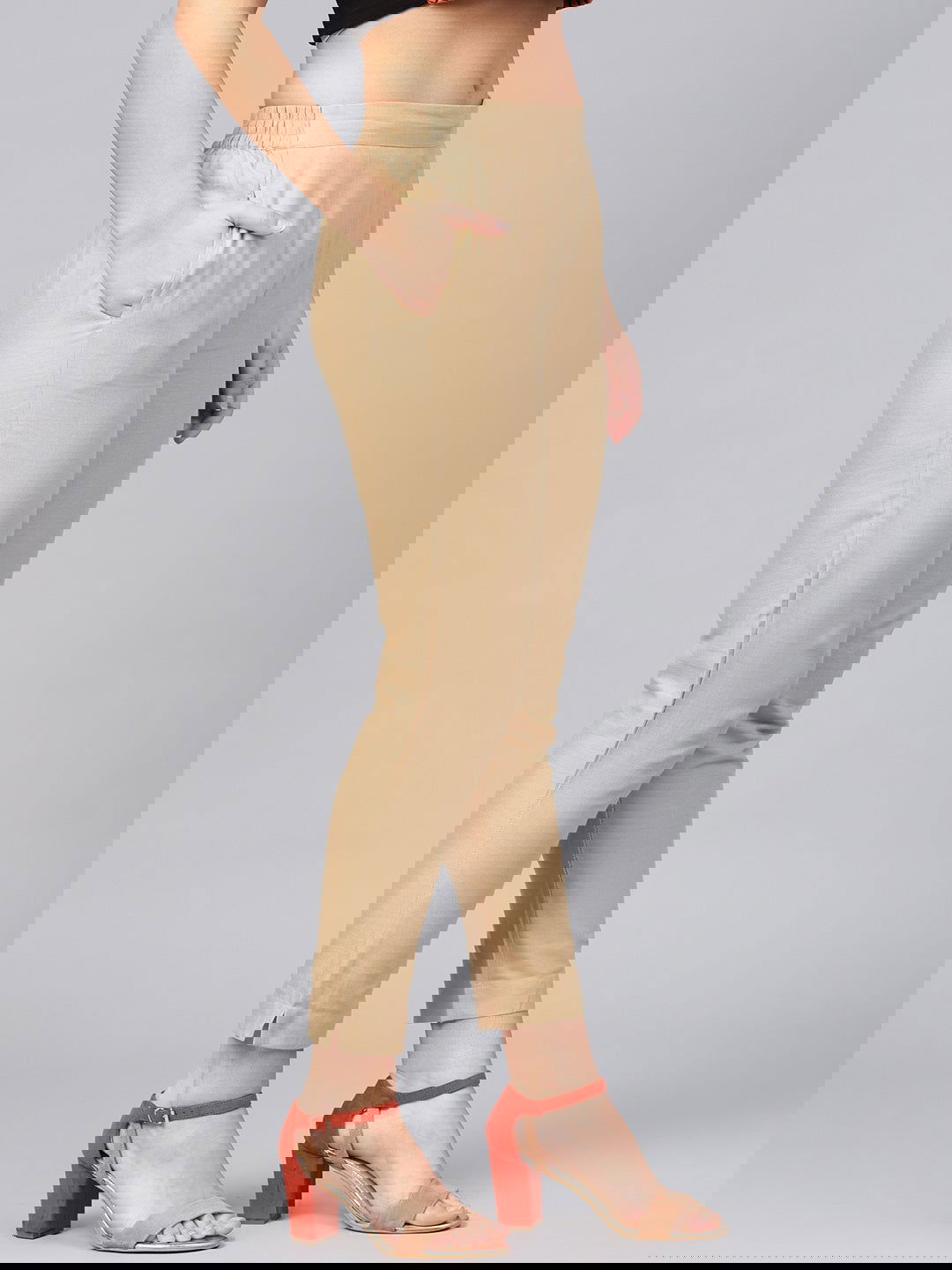 Juniper Gold Solid Cotton Flex Slim Fit Women Pants With Two Pockets