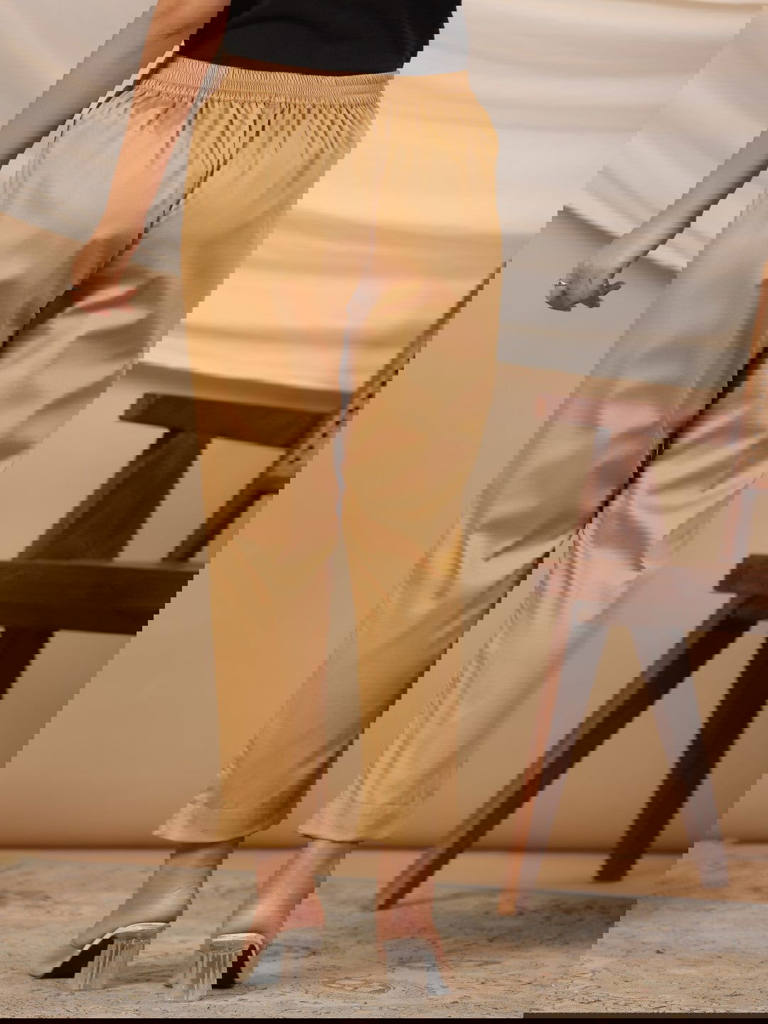 Juniper Gold Solid Lycra Women Drawstring Pants With Single Side Pocket