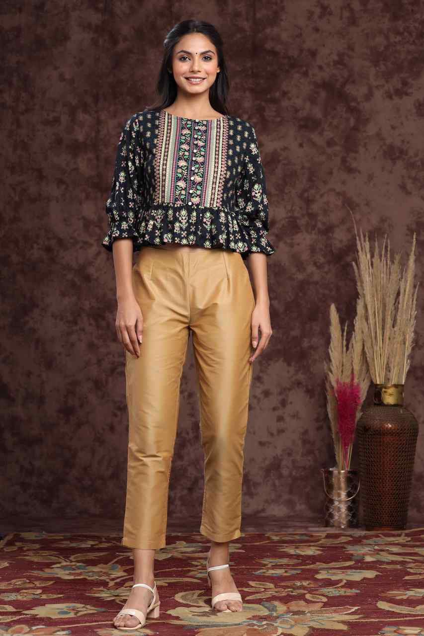 Juniper Gold Solid Poly Silk Slim Fit Pants With Zip Closure