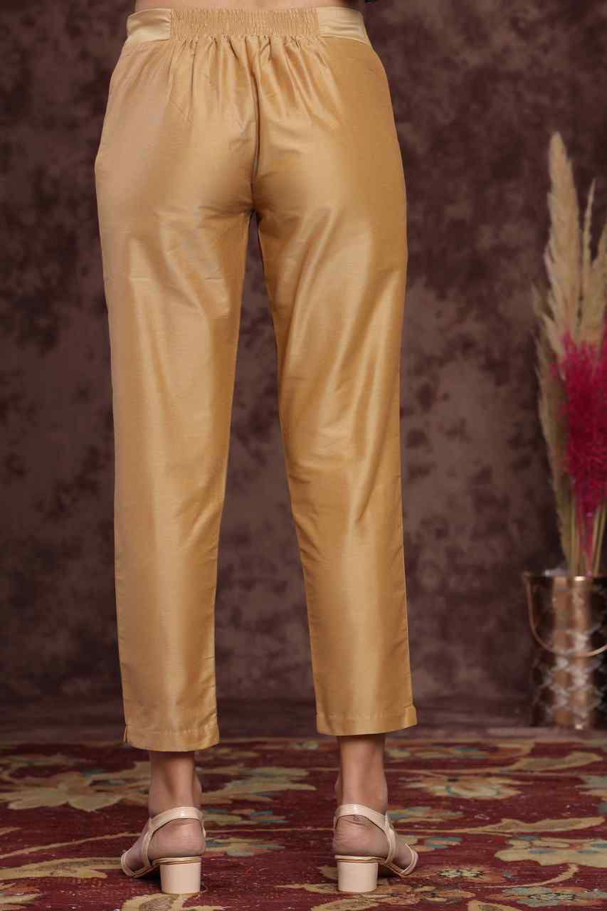 Juniper Gold Solid Poly Silk Slim Fit Pants With Zip Closure
