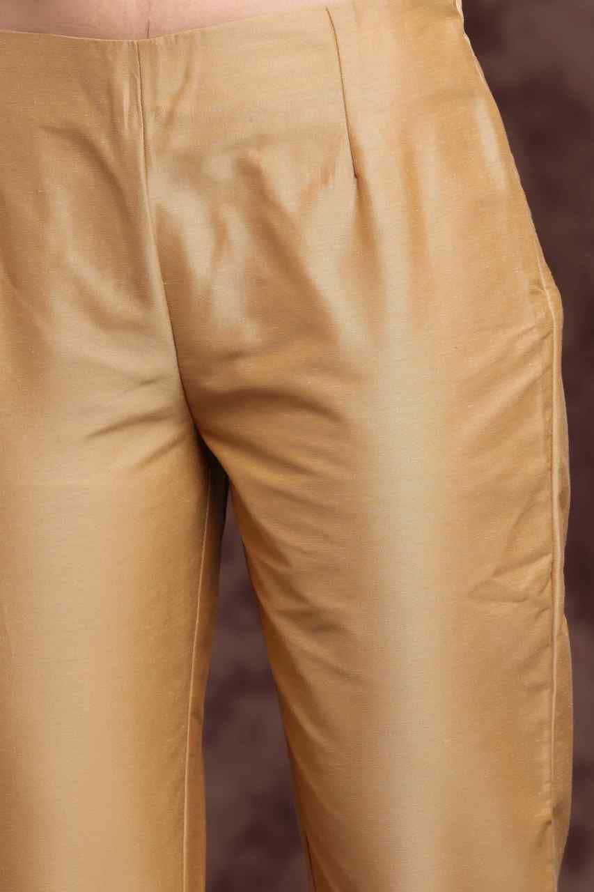 Juniper Gold Solid Poly Silk Slim Fit Pants With Zip Closure