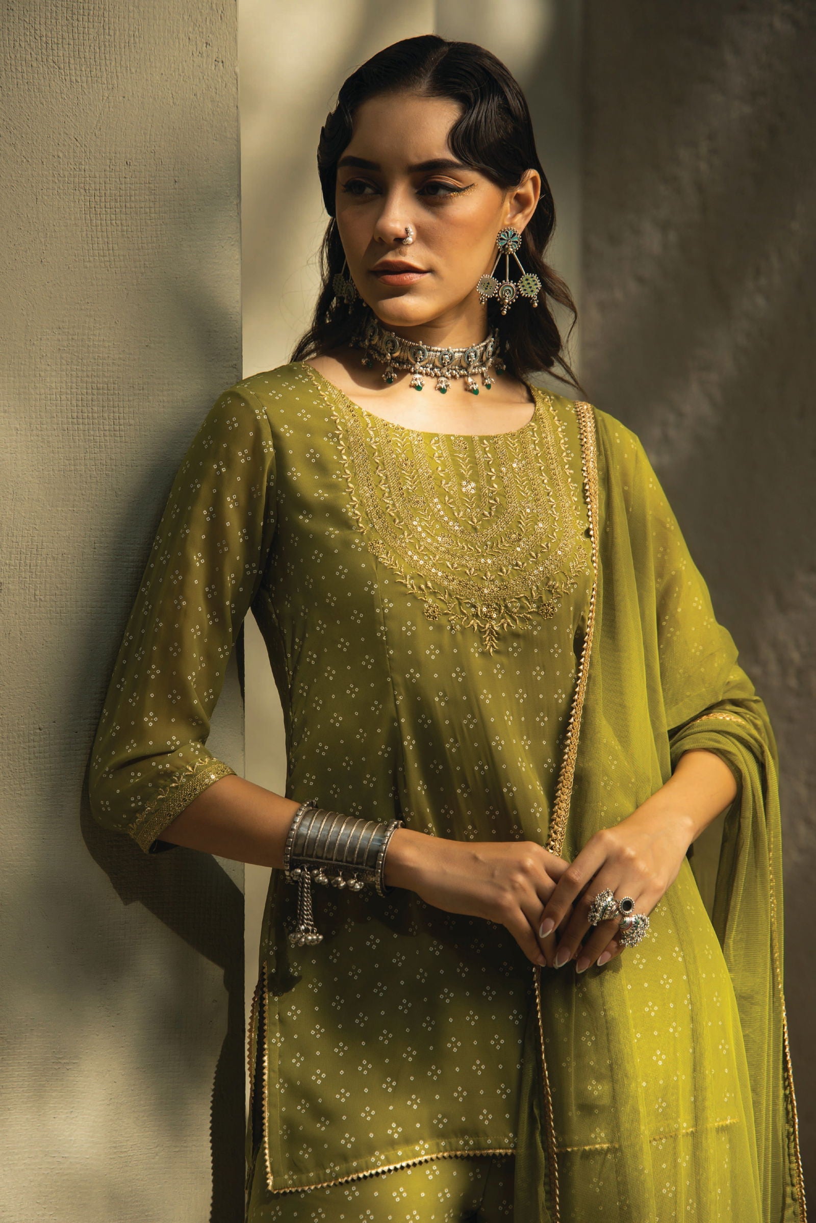 Juniper Green Bandhani Printed Georgette Kurta Sharara & Net Dupatta Set With Zari Work Embroidery