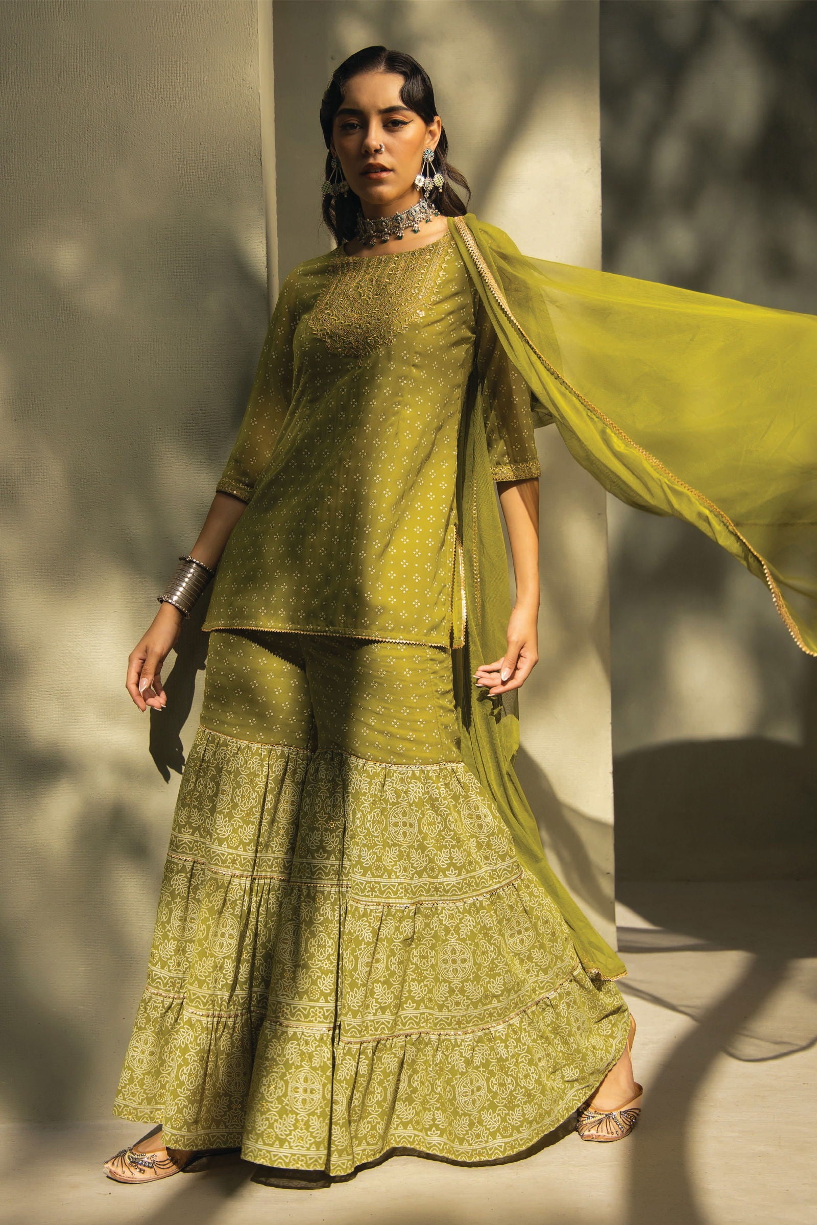 Juniper Green Bandhani Printed Georgette Kurta Sharara & Net Dupatta Set With Zari Work Embroidery