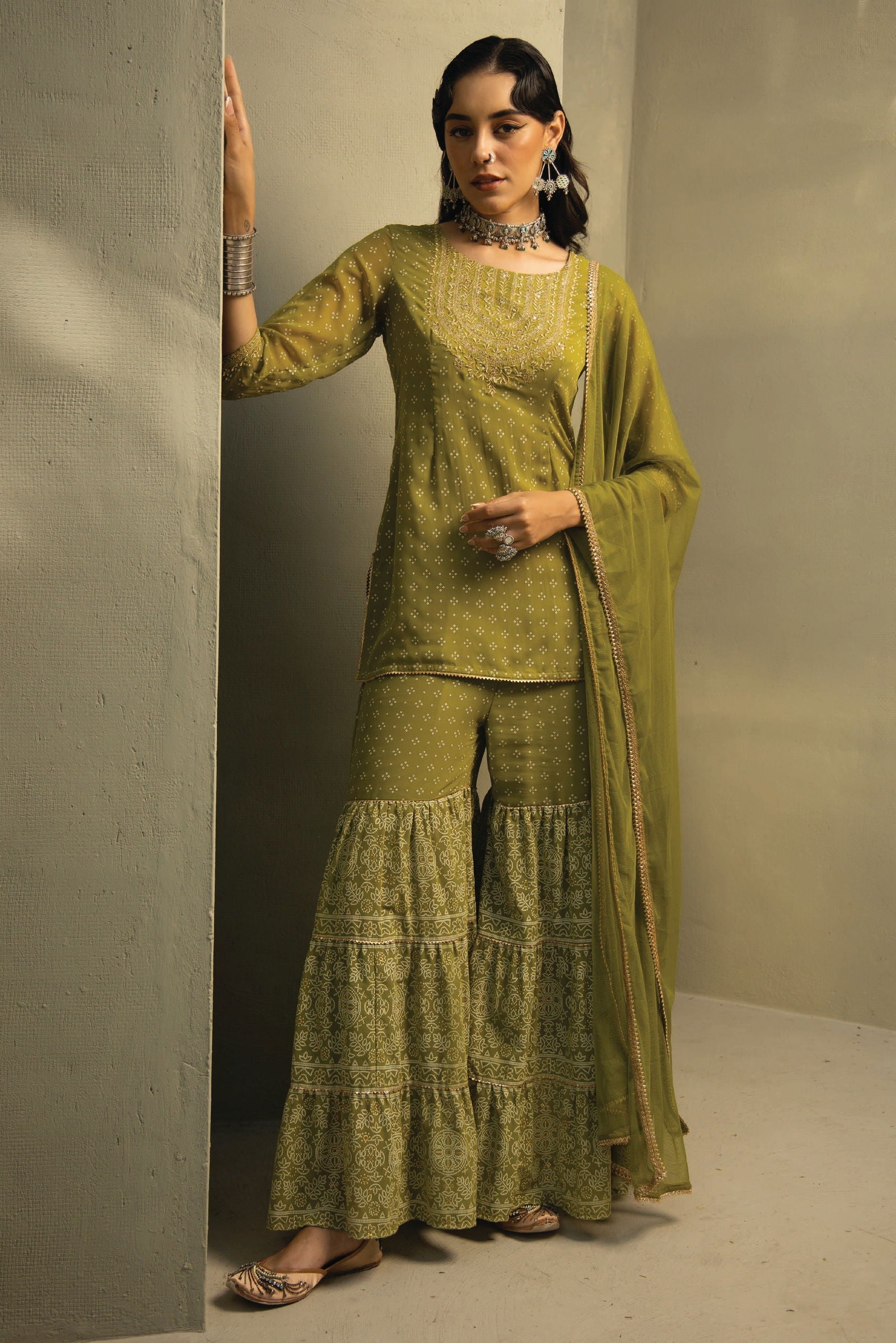 Juniper Green Bandhani Printed Georgette Kurta Sharara & Net Dupatta Set With Zari Work Embroidery
