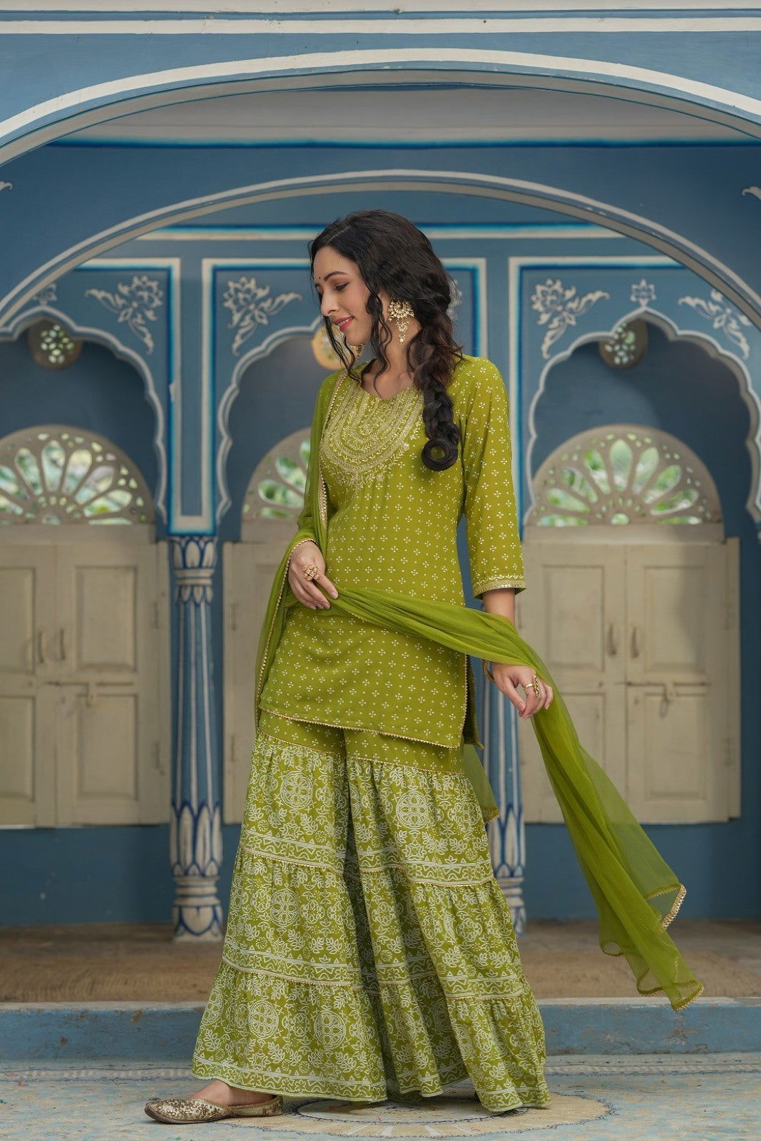 Juniper Green Bandhani Printed Georgette Kurta Sharara & Net Dupatta Set With Zari Work Embroidery