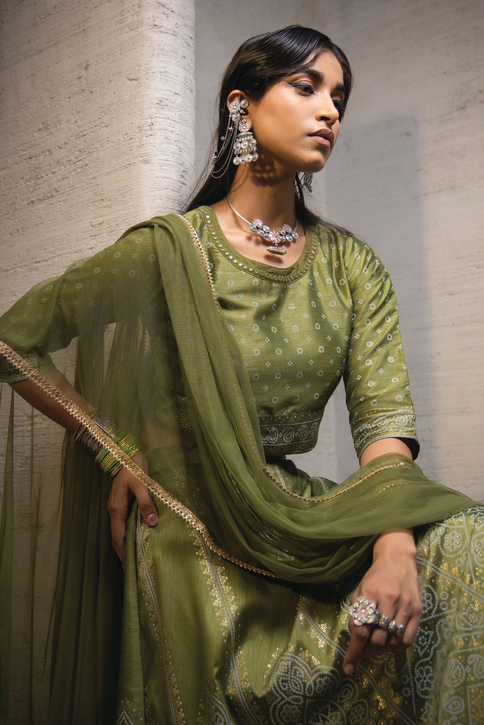 Juniper Green Bandhani Printed Shantoon Slub Lehenga Choli & Net Dupatta Set.