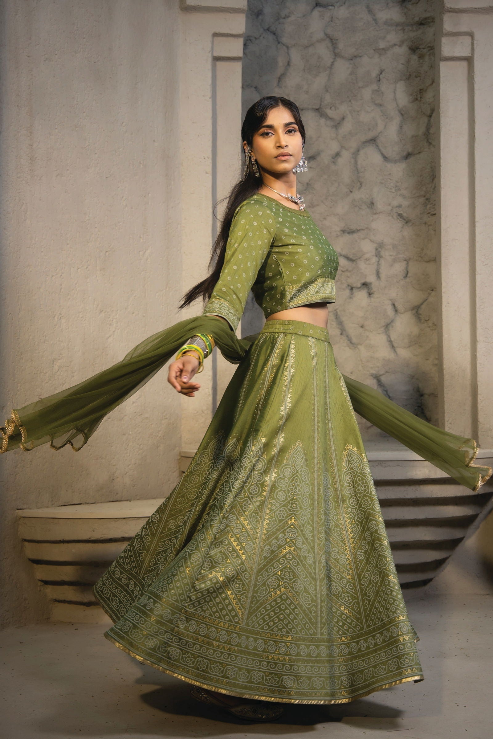 Juniper Green Bandhani Printed Shantoon Slub Lehenga Choli & Net Dupatta Set.