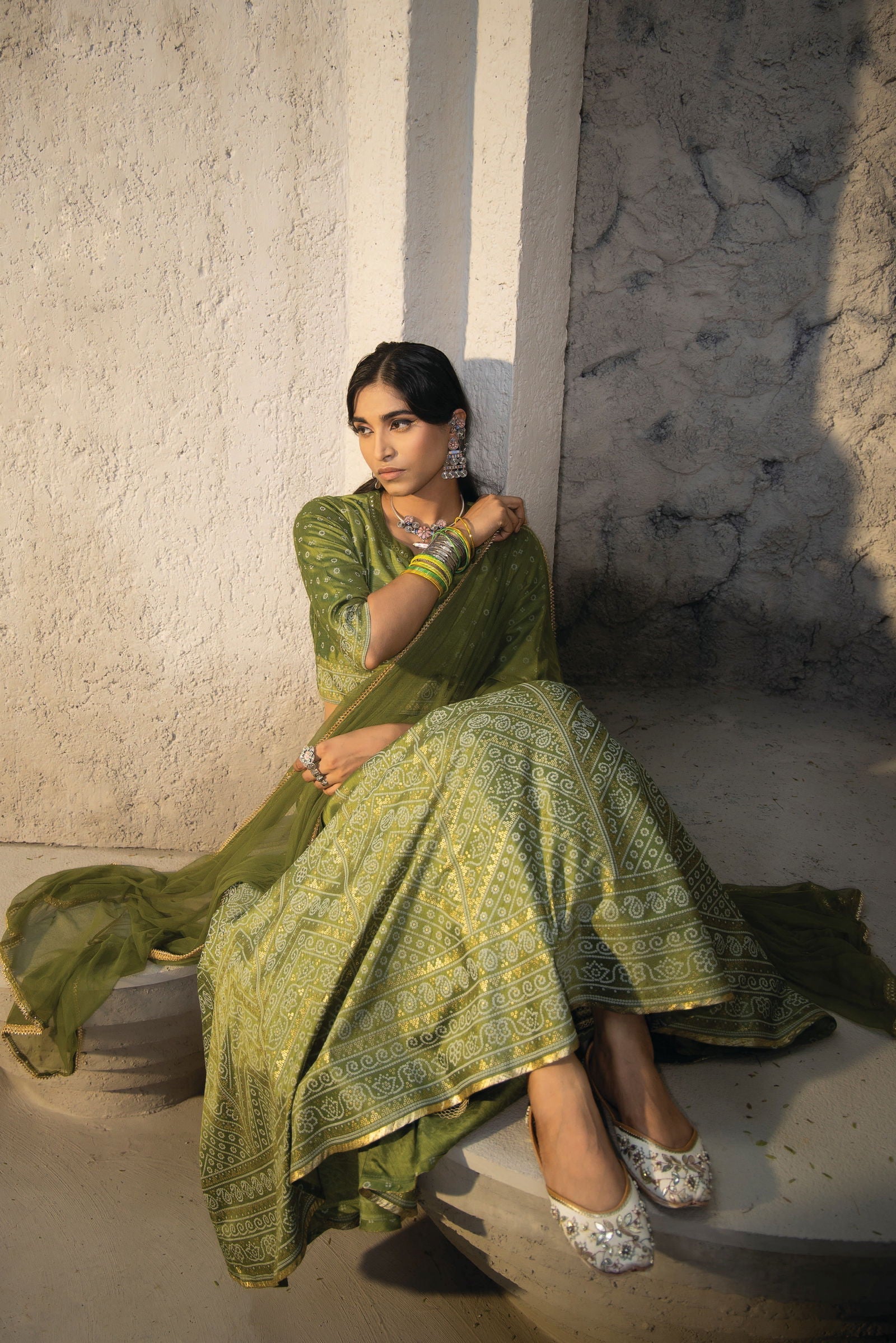 Juniper Green Bandhani Printed Shantoon Slub Lehenga Choli & Net Dupatta Set.