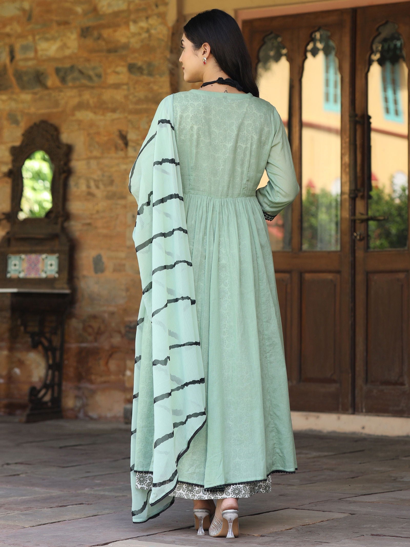 Juniper Green & Black Cotton Embroidered Anarkali Dress With Jacket & Tie-Dye Dupatta