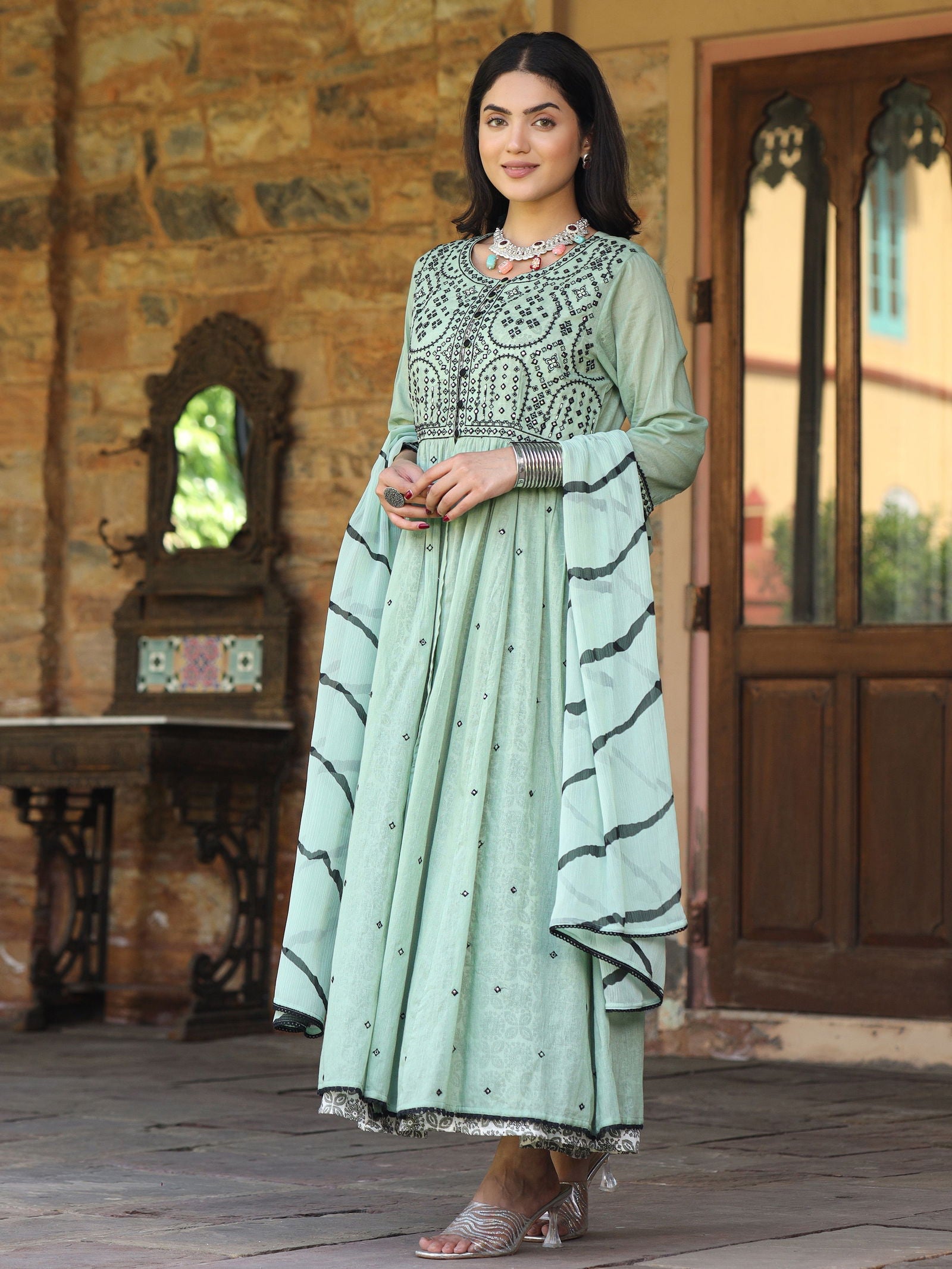Juniper Green & Black Cotton Embroidered Anarkali Dress With Jacket & Tie-Dye Dupatta