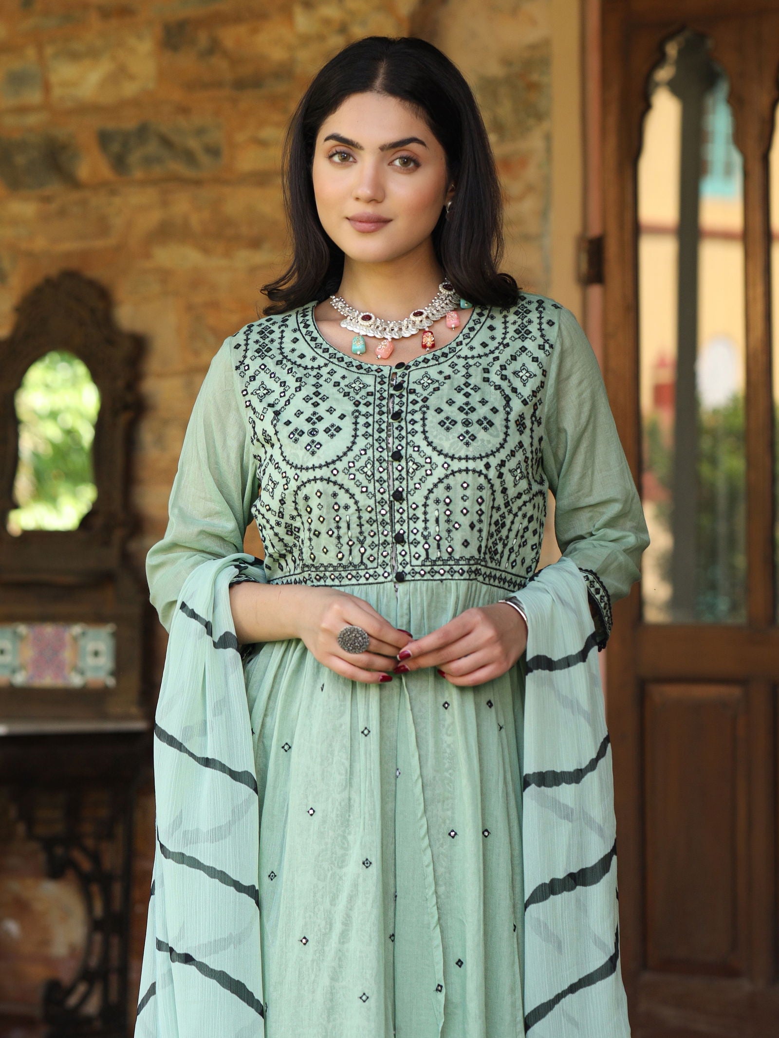 Juniper Green & Black Cotton Embroidered Anarkali Dress With Jacket & Tie-Dye Dupatta