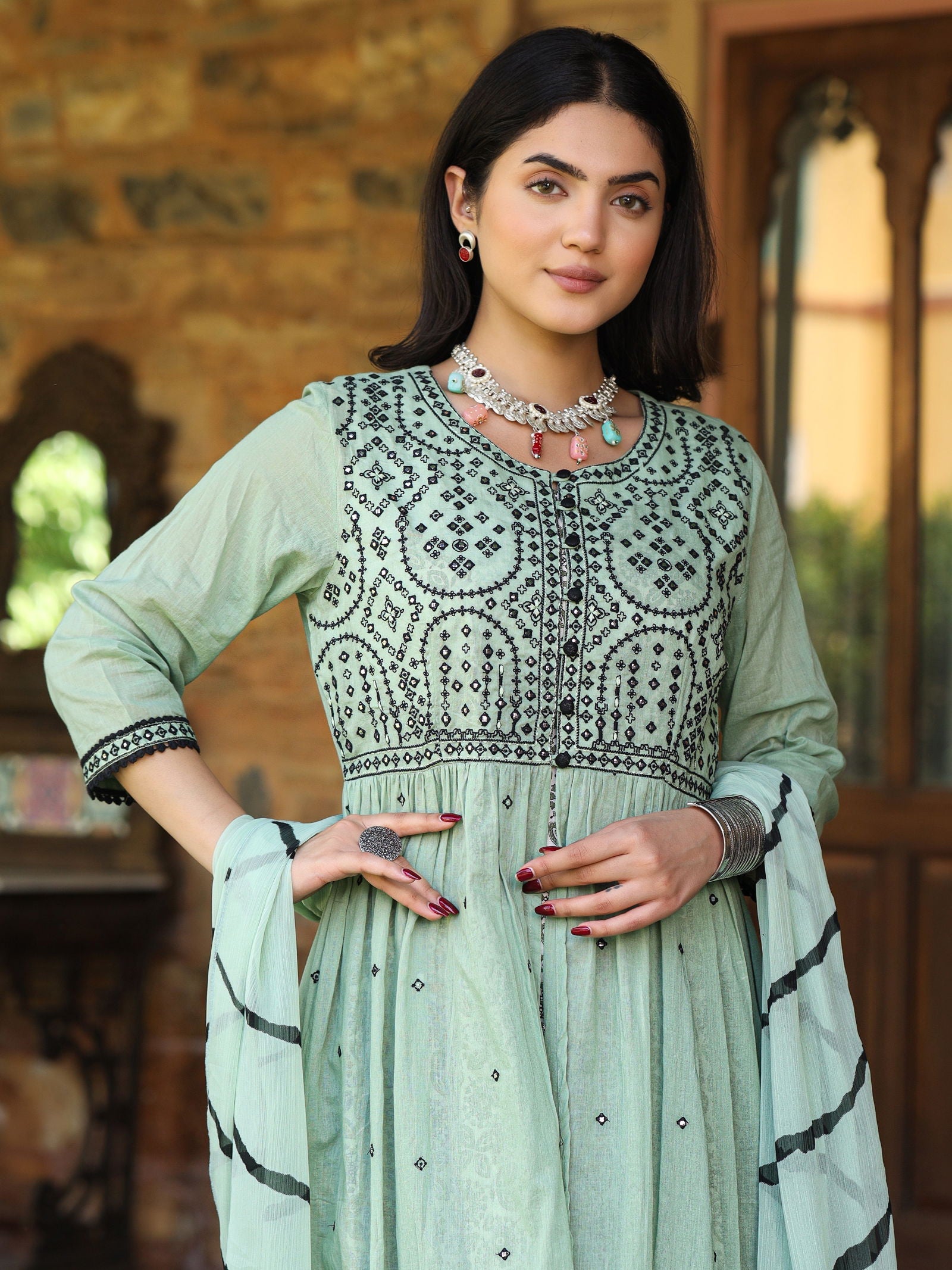Juniper Green & Black Cotton Embroidered Anarkali Dress With Jacket & Tie-Dye Dupatta