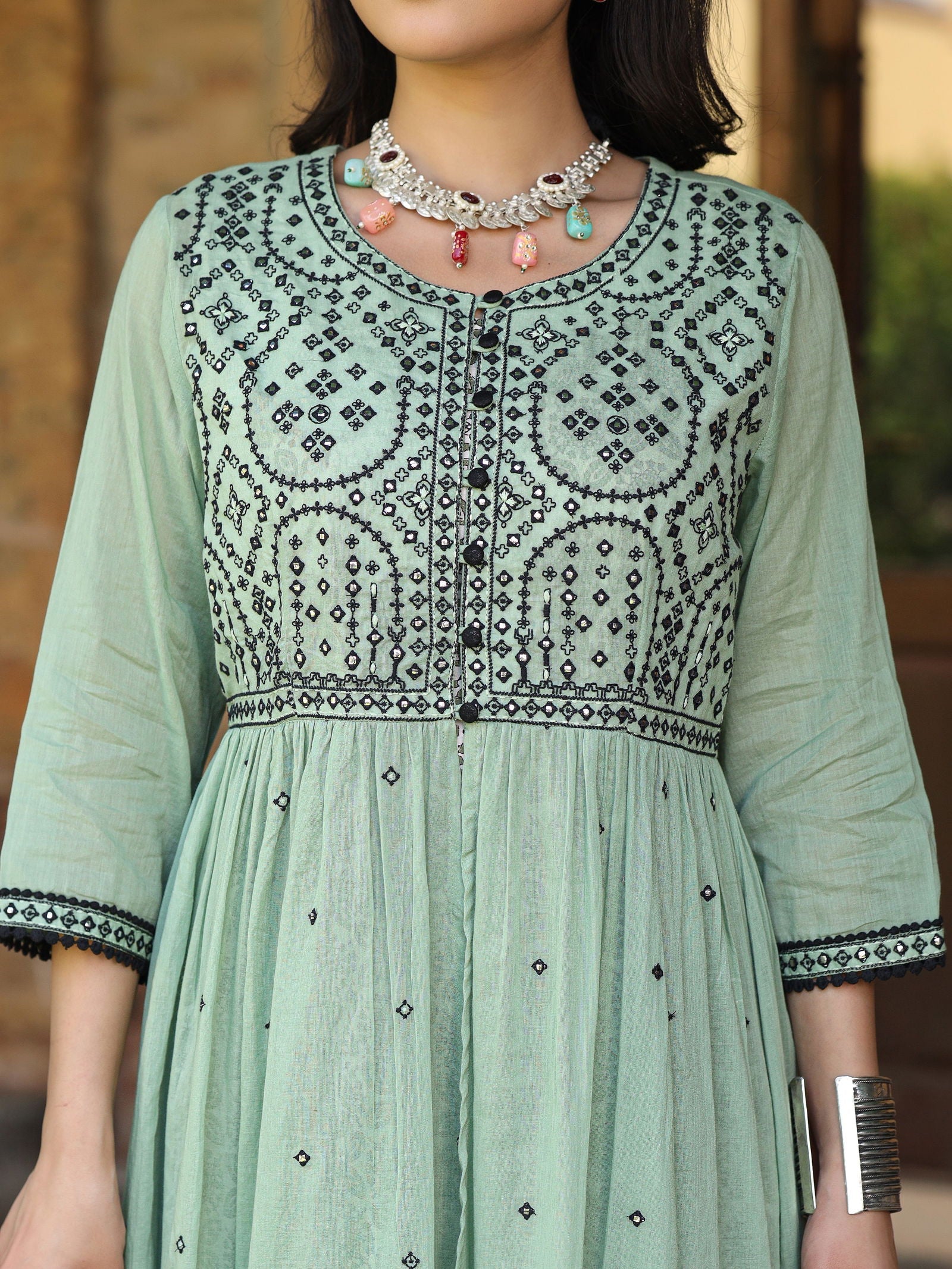 Juniper Green & Black Cotton Embroidered Anarkali Dress With Jacket & Tie-Dye Dupatta