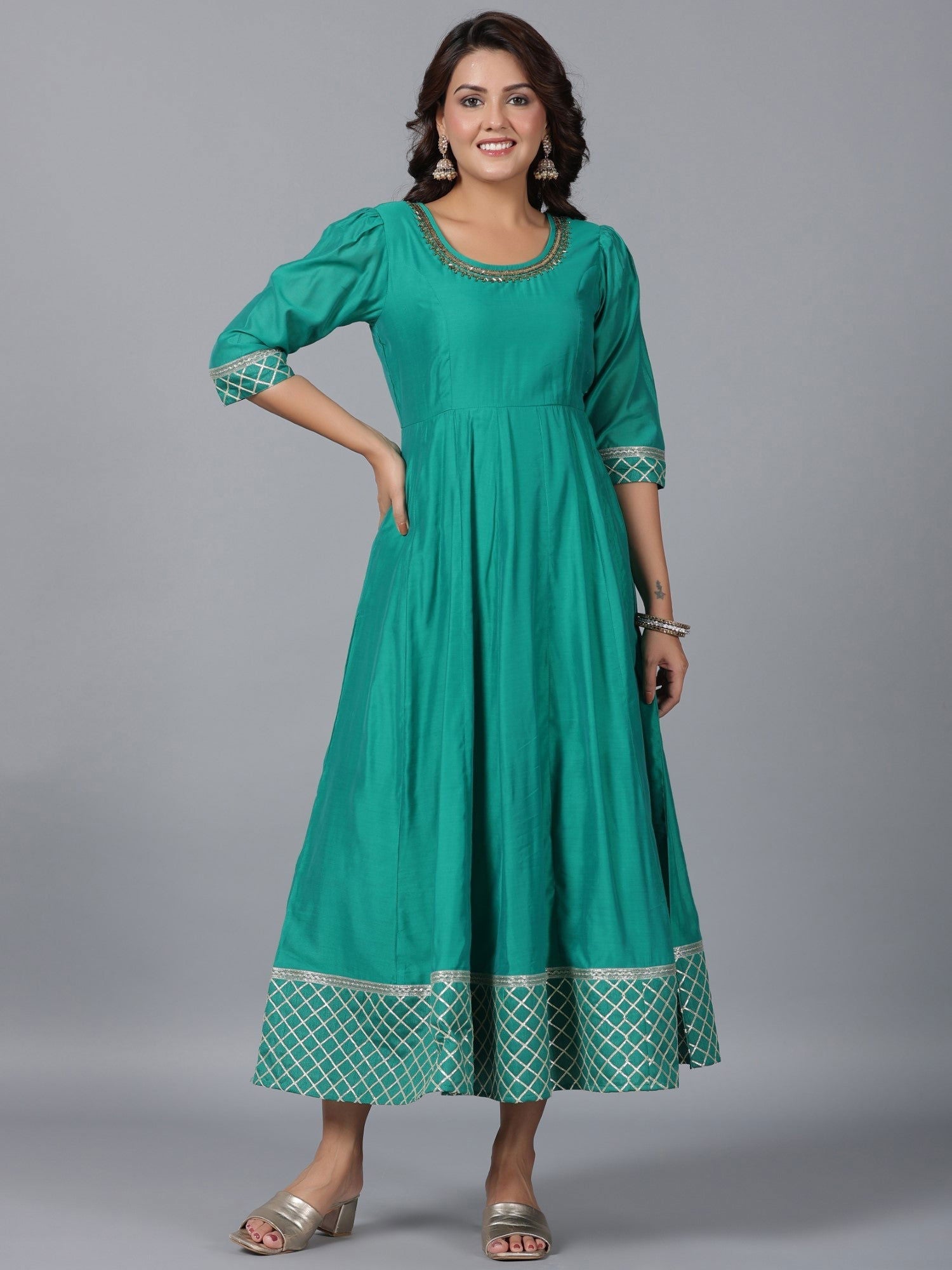 Juniper Green Checked Print Chanderi Anarkali Gota Patti Kurta & Dupatta Set.