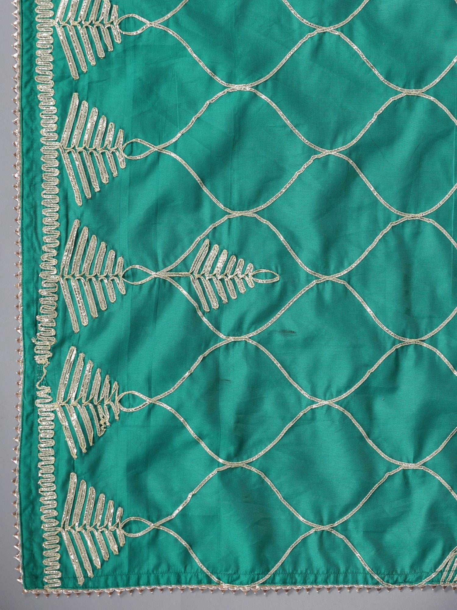 Juniper Green Checked Print Chanderi Anarkali Gota Patti Kurta & Dupatta Set.