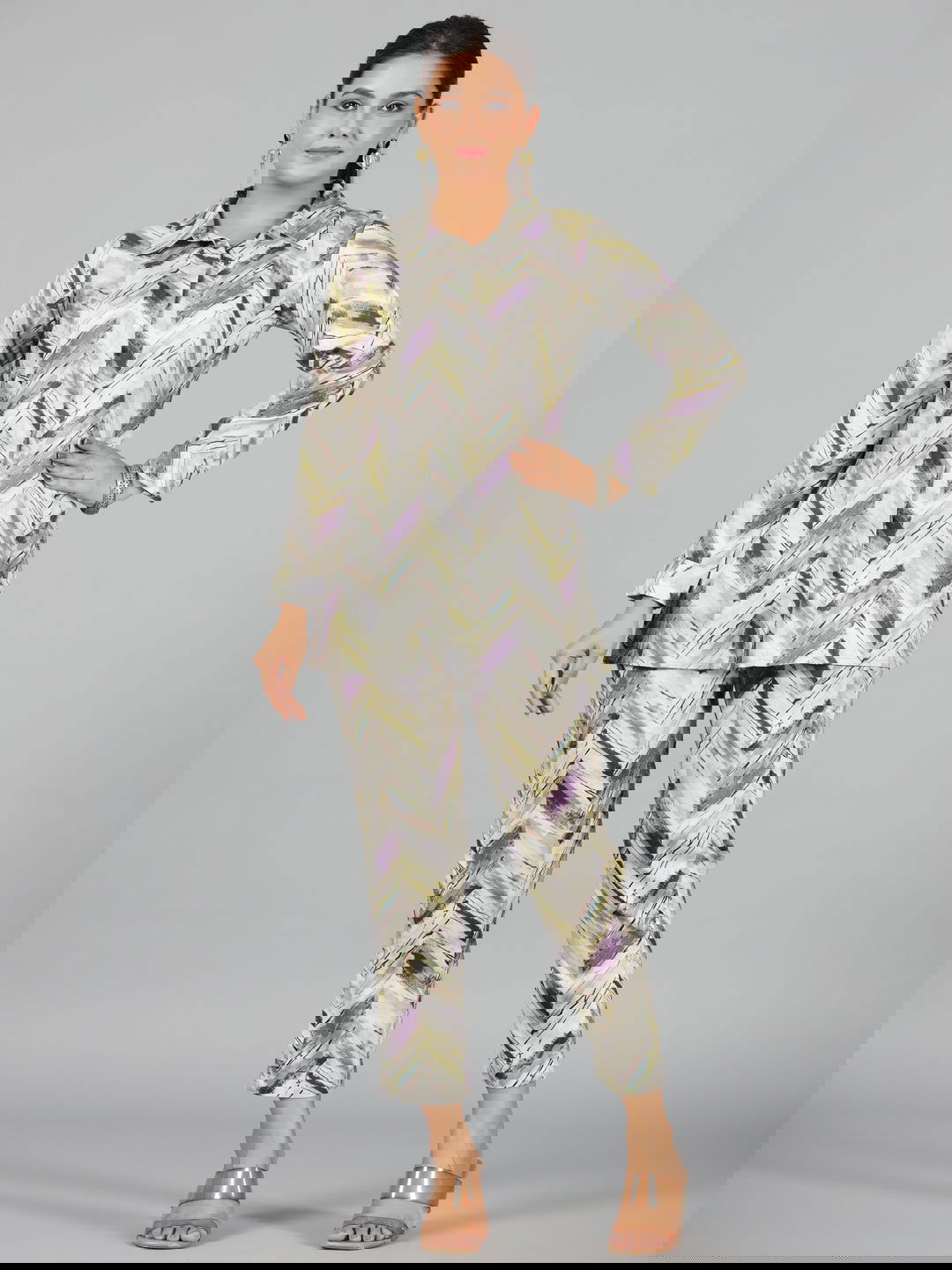 Juniper Green Chevron Printed Rayon Tunic With Pants Set