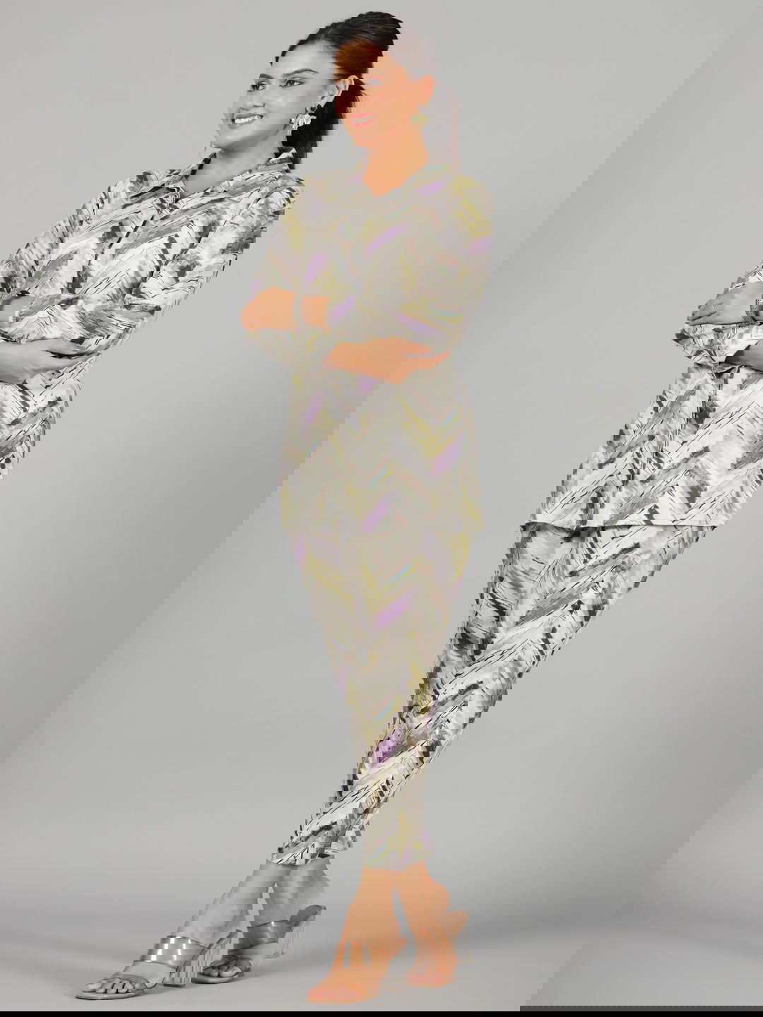 Juniper Green Chevron Printed Rayon Tunic With Pants Set