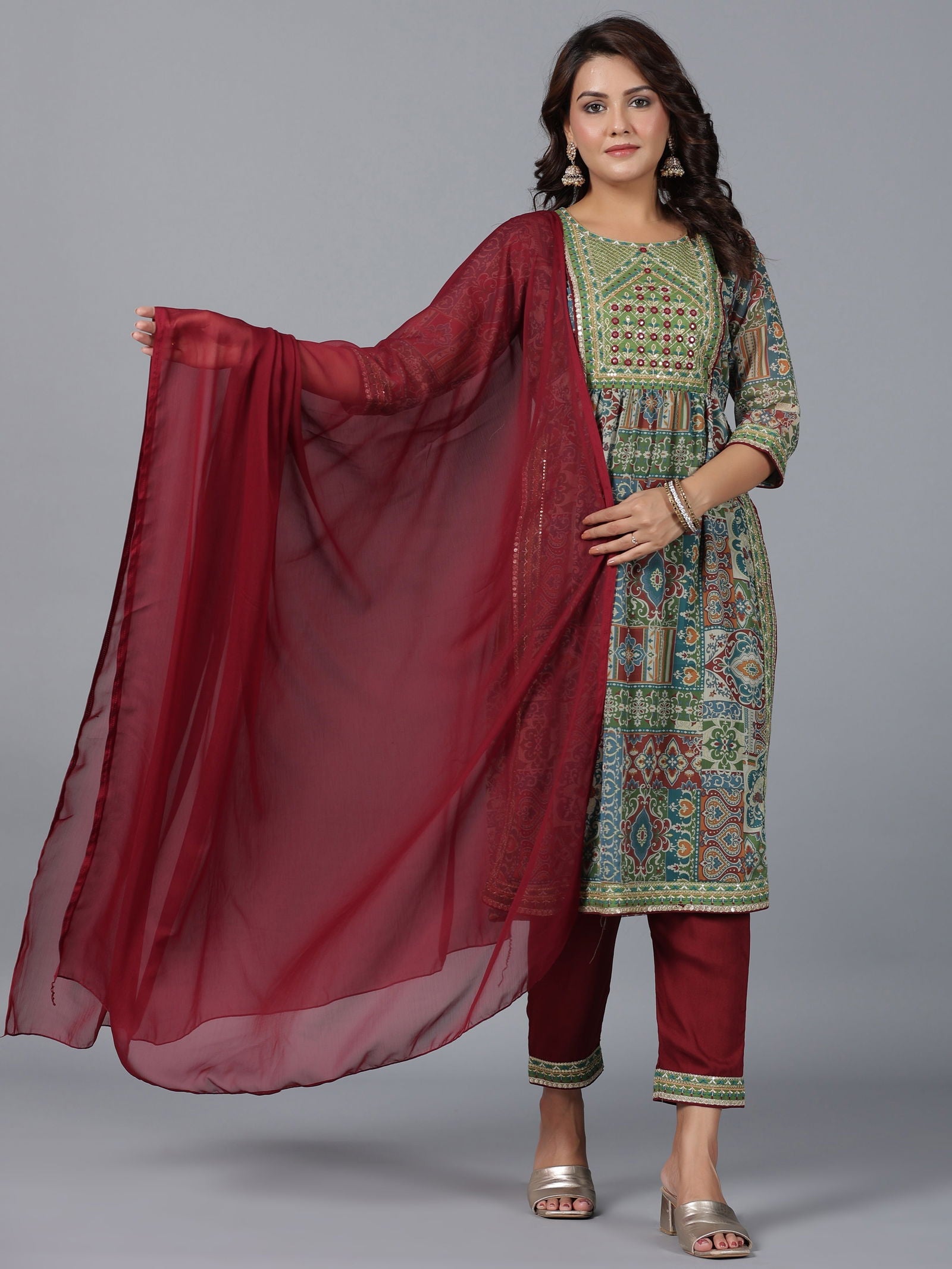 Juniper Green Chiffon Ethnic Motif Printed Kurta, Pants & Dupatta Set with Mirror Work Embroidery