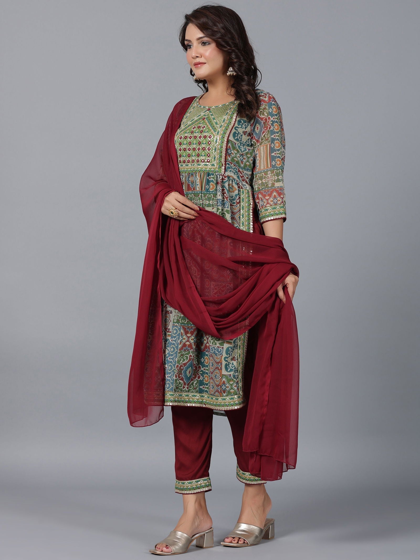 Juniper Green Chiffon Ethnic Motif Printed Kurta, Pants & Dupatta Set with Mirror Work Embroidery