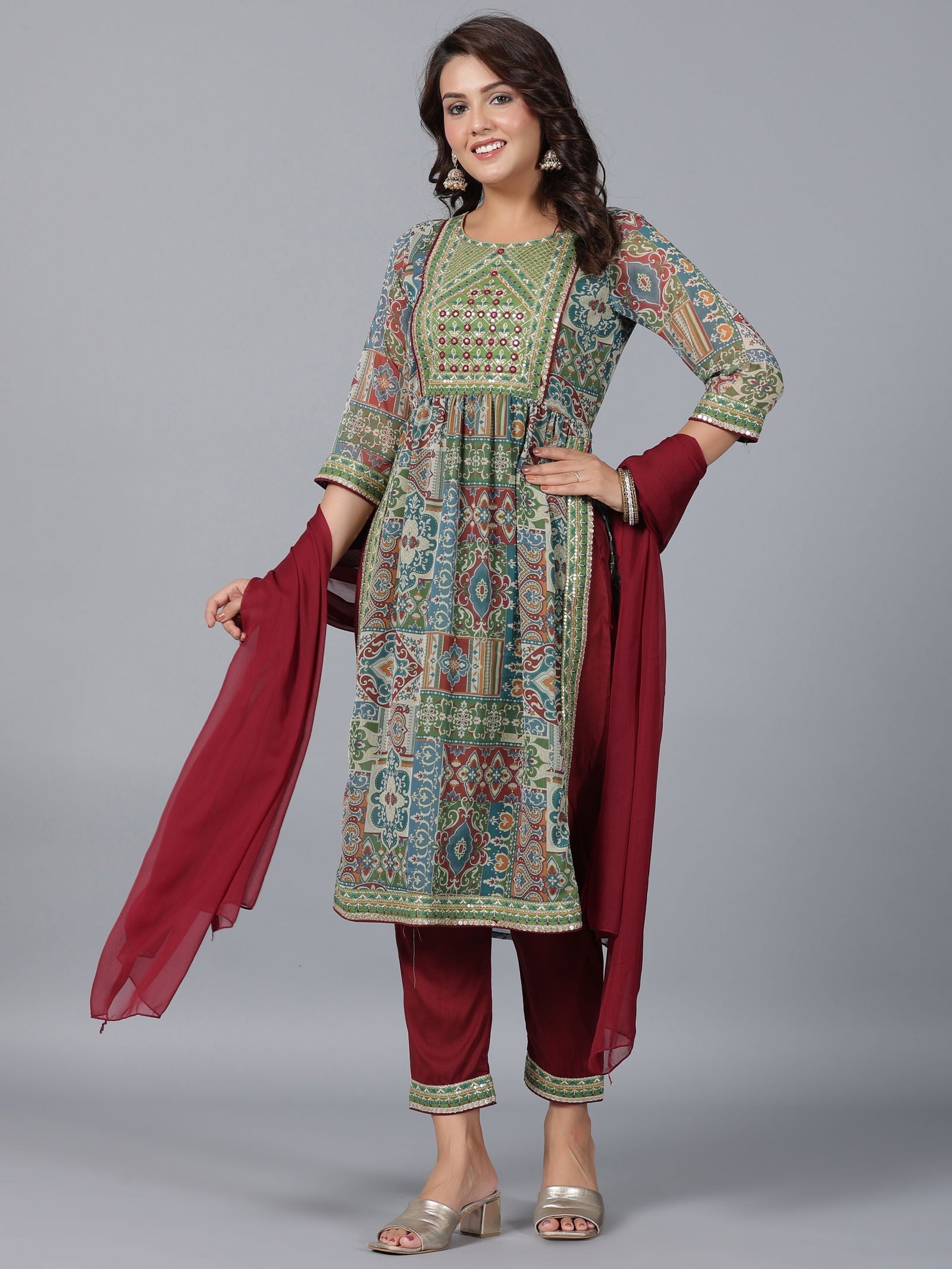Juniper Green Chiffon Ethnic Motif Printed Kurta, Pants & Dupatta Set with Mirror Work Embroidery