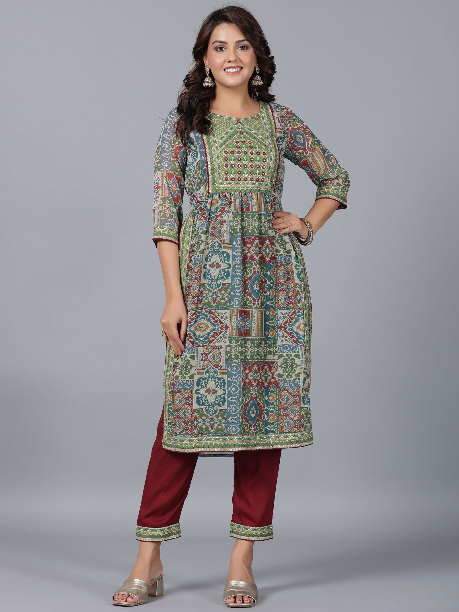 Juniper Green Chiffon Ethnic Motif Printed Kurta, Pants & Dupatta Set with Mirror Work Embroidery