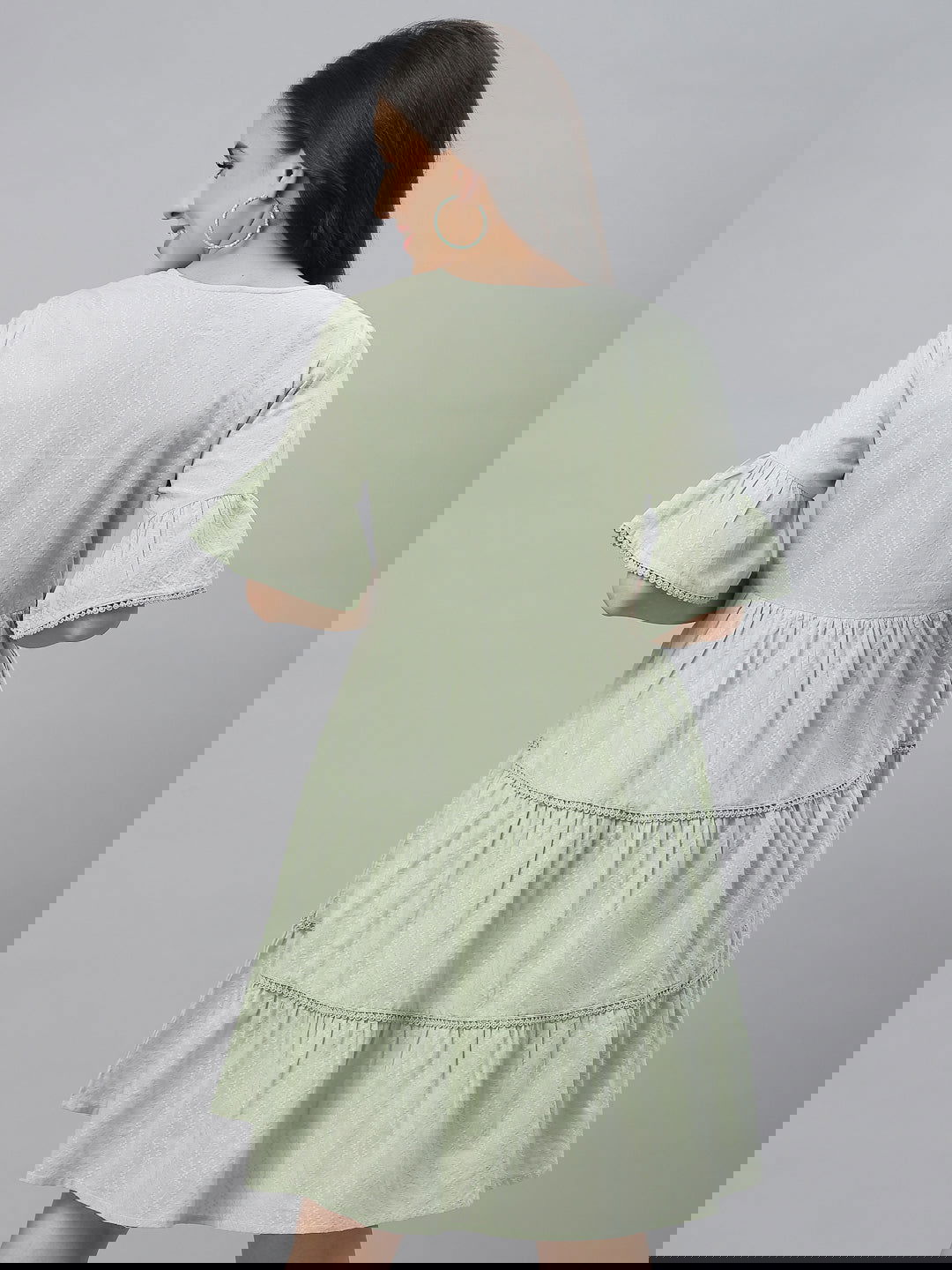 Juniper Green Cotton Dobby Festive Embroidered Tiered Dress For Women