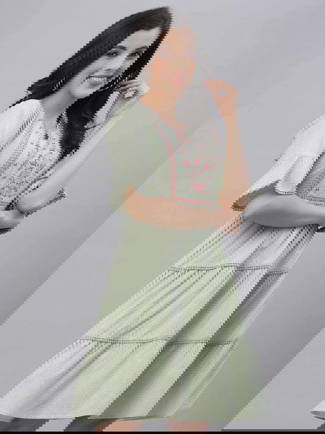 Juniper Green Cotton Dobby Festive Embroidered Tiered Dress For Women