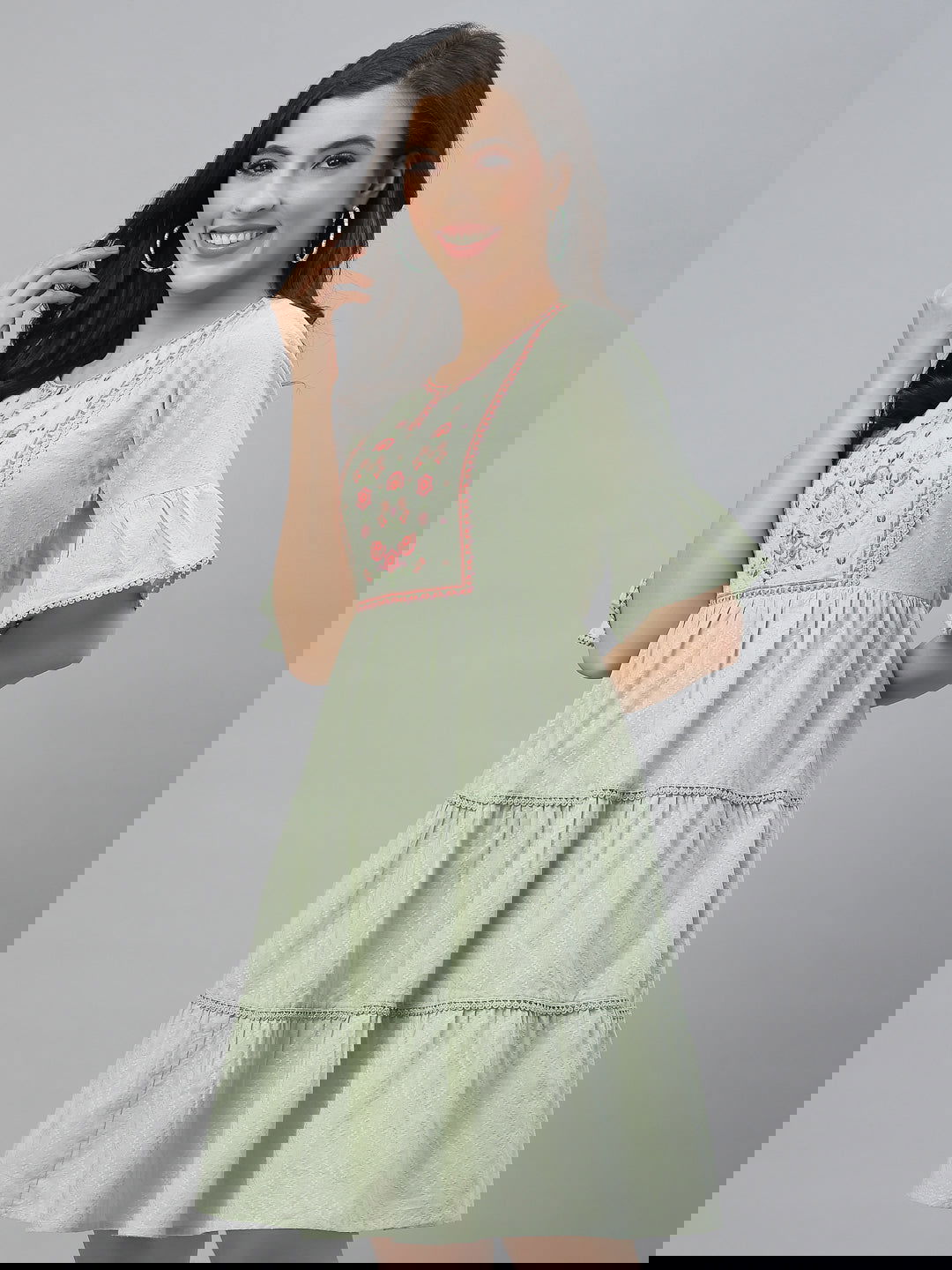 Juniper Green Cotton Dobby Festive Embroidered Tiered Dress For Women