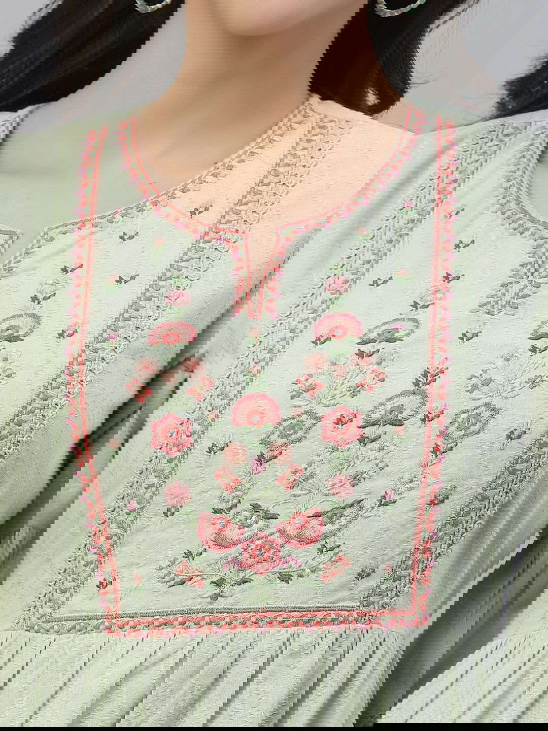 Juniper Green Cotton Dobby Festive Embroidered Tiered Dress For Women