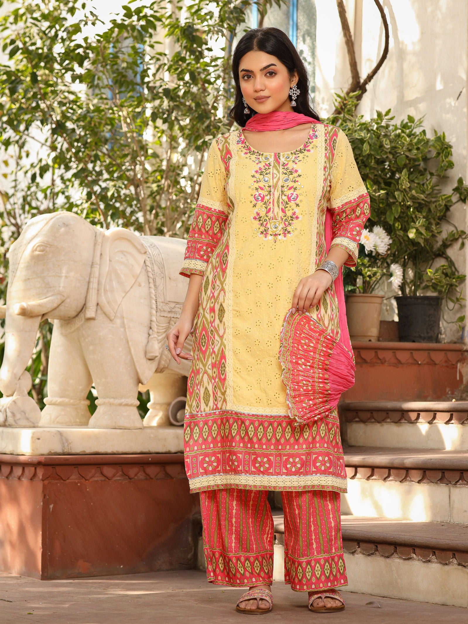 Juniper Green Cotton Ikat Printed Kurta With Pants And Dupatta Set With Thread Embroidery & Laces (3-Pcs)