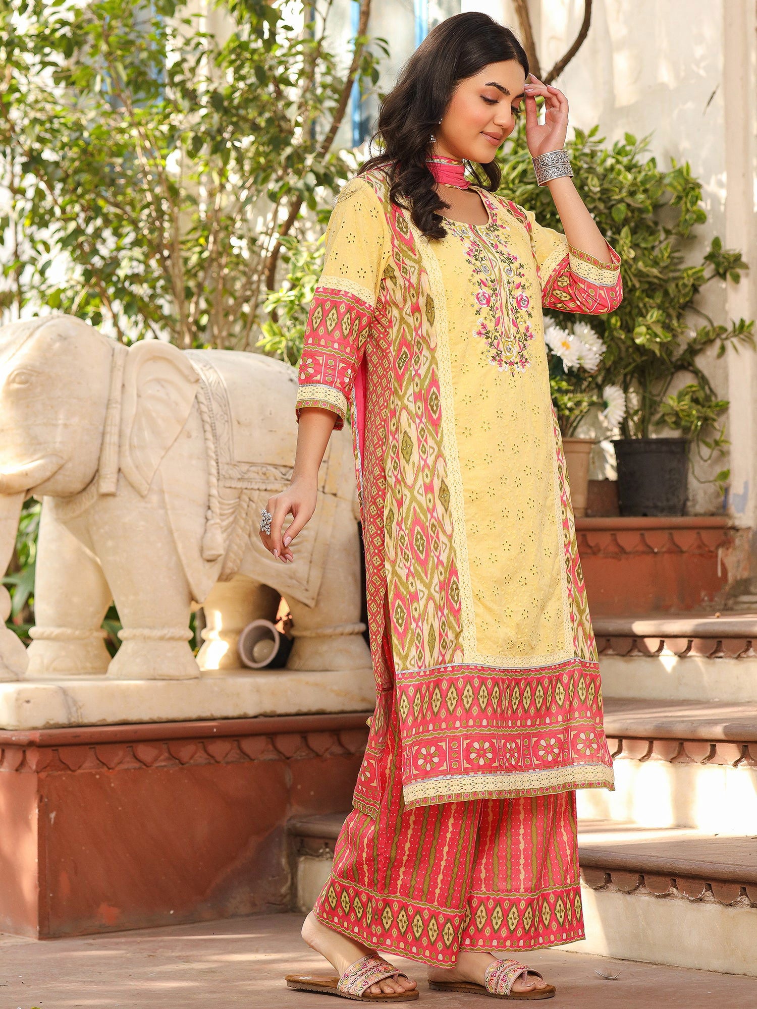 Juniper Green Cotton Ikat Printed Kurta With Pants And Dupatta Set With Thread Embroidery & Laces (3-Pcs)