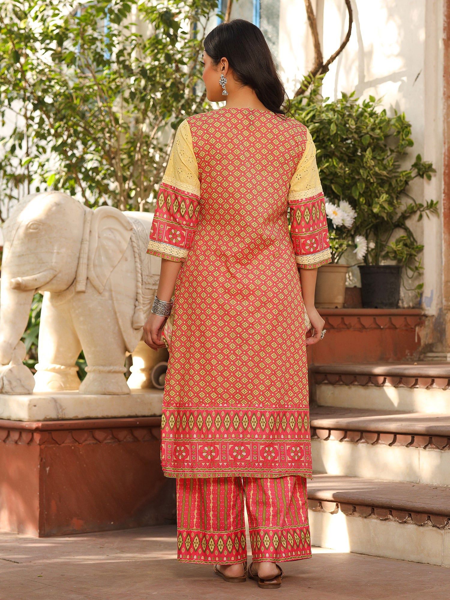 Juniper Green Cotton Ikat Printed Kurta With Pants And Dupatta Set With Thread Embroidery & Laces (3-Pcs)