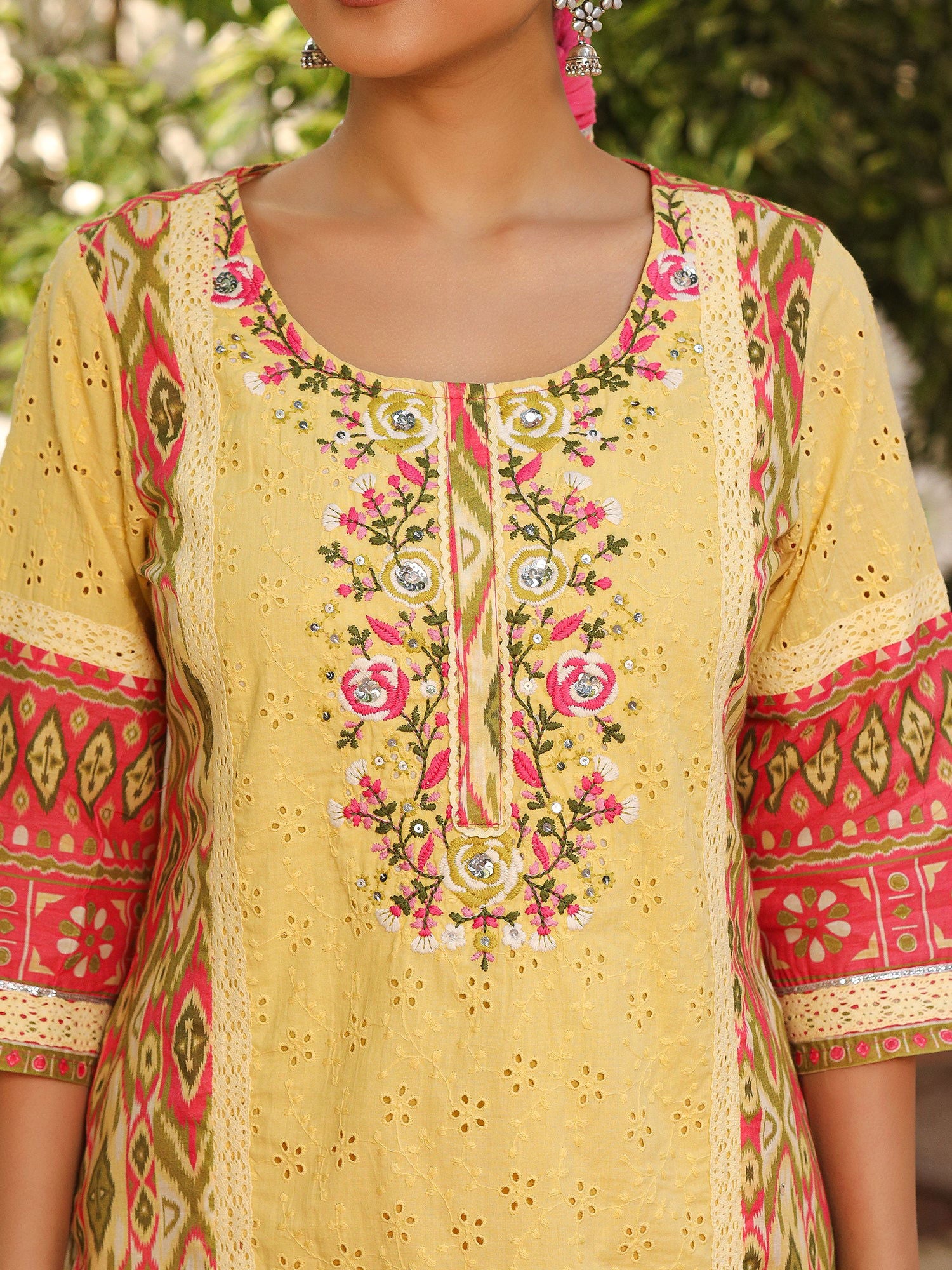 Juniper Green Cotton Ikat Printed Kurta With Pants And Dupatta Set With Thread Embroidery & Laces (3-Pcs)