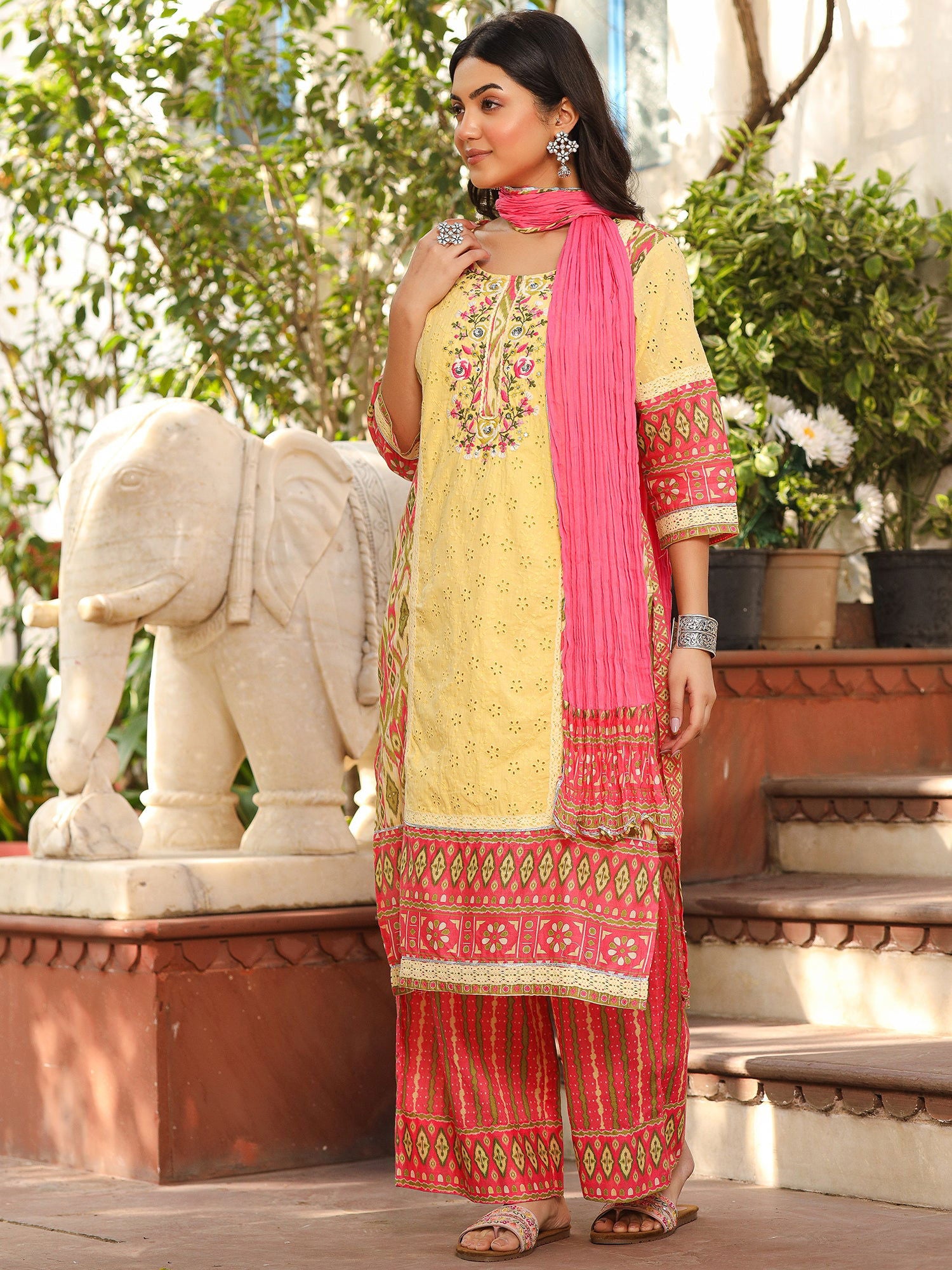 Juniper Green Cotton Ikat Printed Kurta With Pants And Dupatta Set With Thread Embroidery & Laces (3-Pcs)