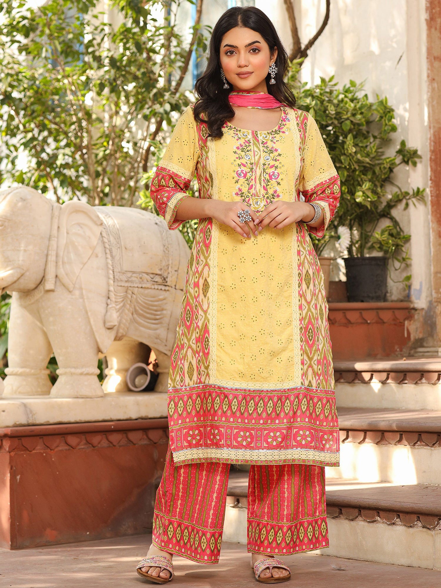 Juniper Green Cotton Ikat Printed Kurta With Pants And Dupatta Set With Thread Embroidery & Laces (3-Pcs)