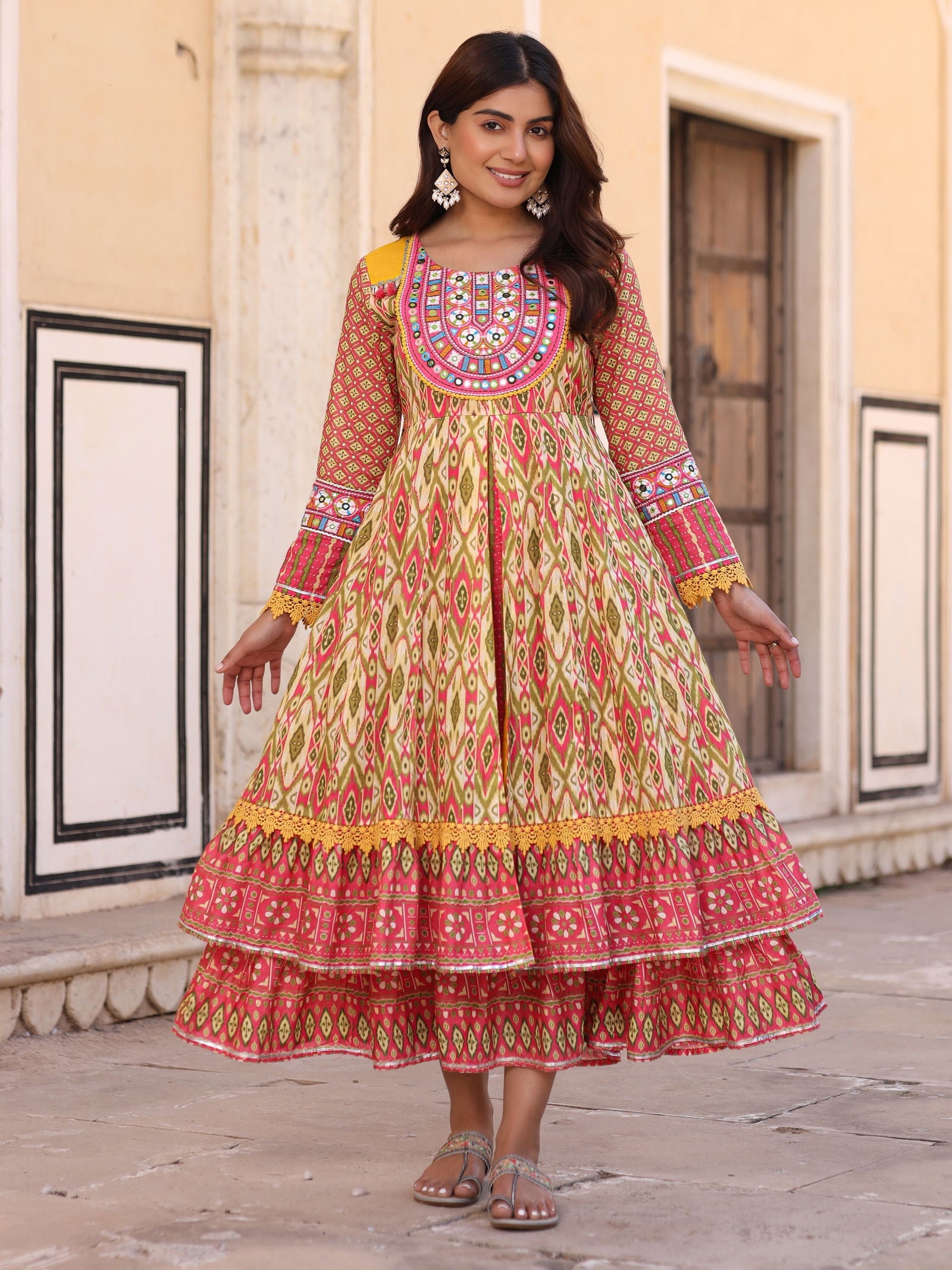 Juniper Green Cotton Ikat Printed Layered Maxi Dress With Thread Embroidery & Dori Tassel Tie-Up At Waist