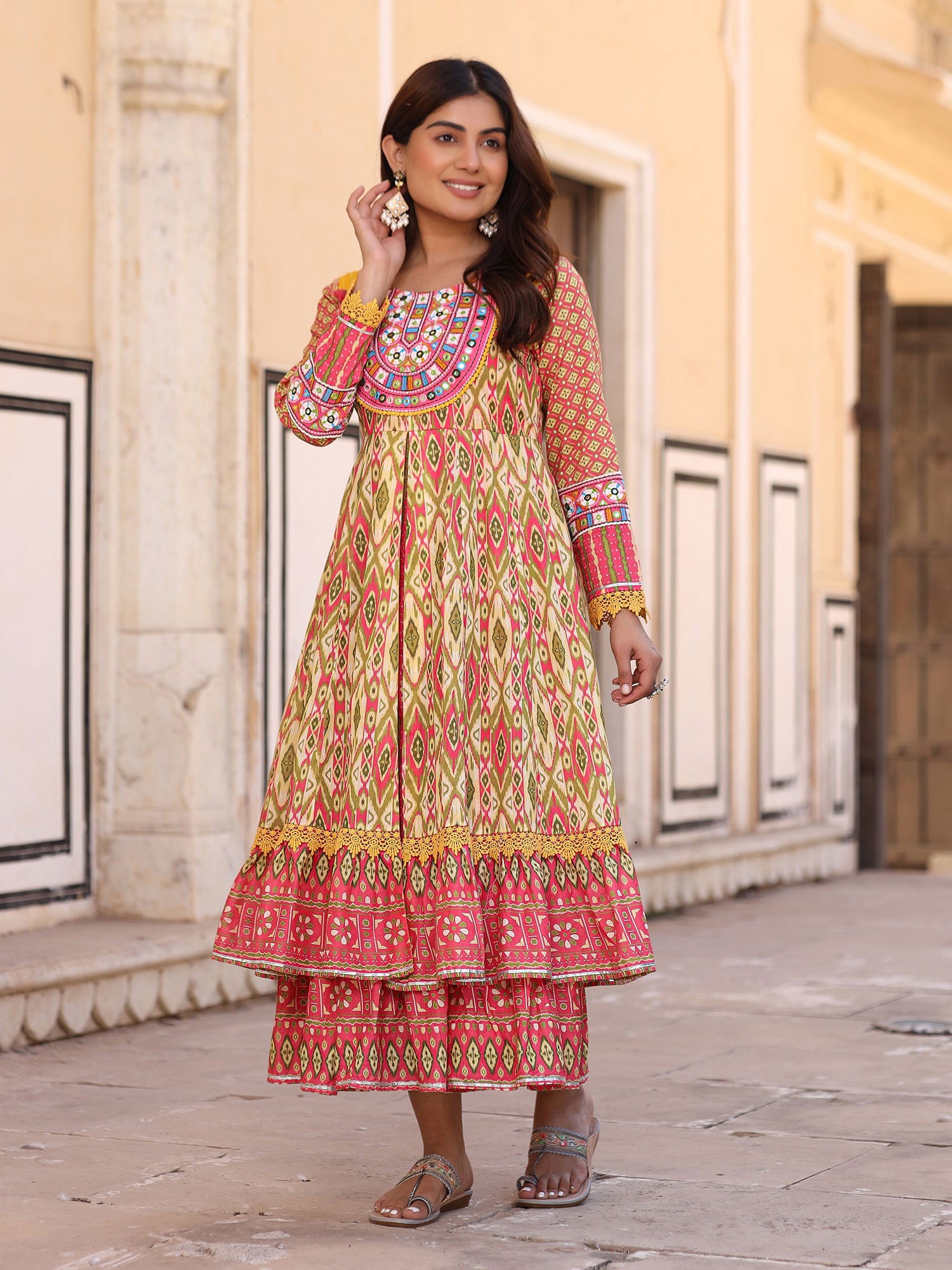 Juniper Green Cotton Ikat Printed Layered Maxi Dress With Thread Embroidery & Dori Tassel Tie-Up At Waist