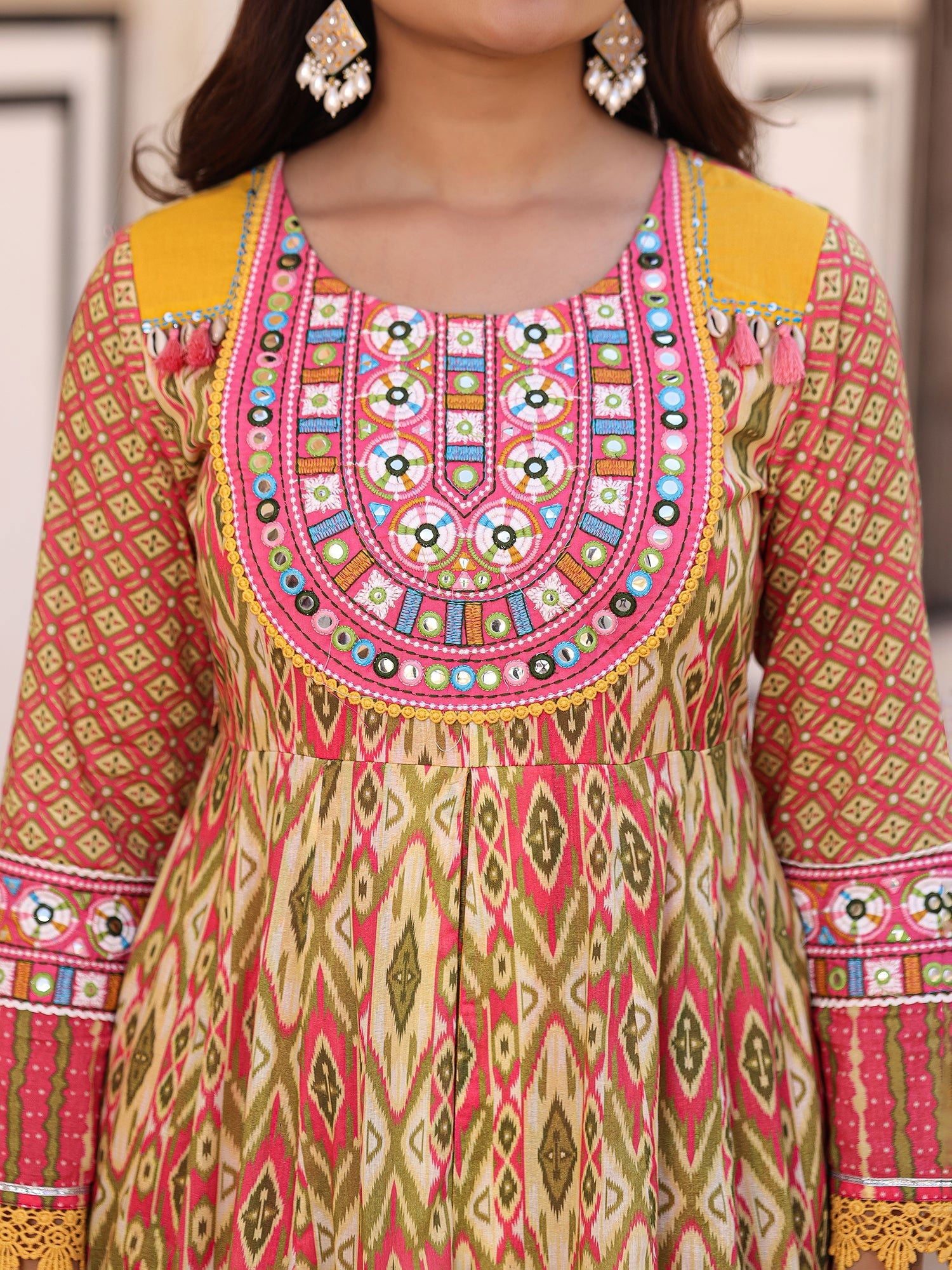 Juniper Green Cotton Ikat Printed Layered Maxi Dress With Thread Embroidery & Dori Tassel Tie-Up At Waist